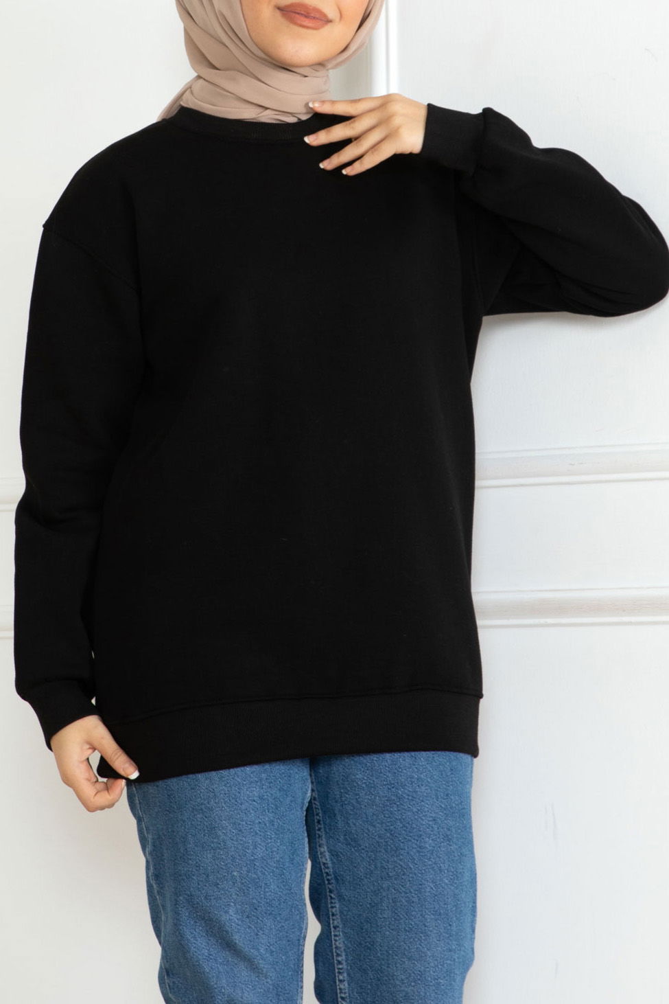 Kadın Bisiklet Yaka Salak Sweatshirt Siyah - 26617 - 2