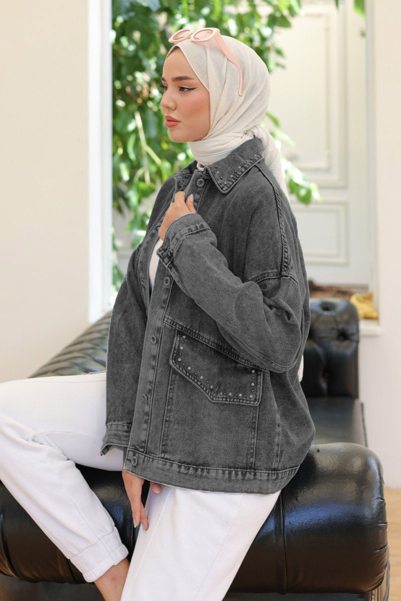 Kadın Taş Detaylı Oversize Denim Kot Ceket Siyah - 26572 - 2
