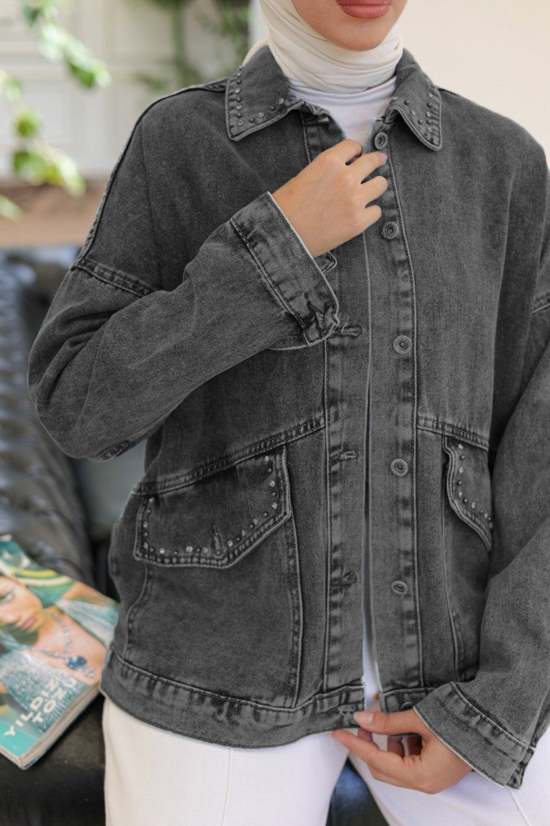 Kadın Taş Detaylı Oversize Denim Kot Ceket Siyah - 26572 - 3