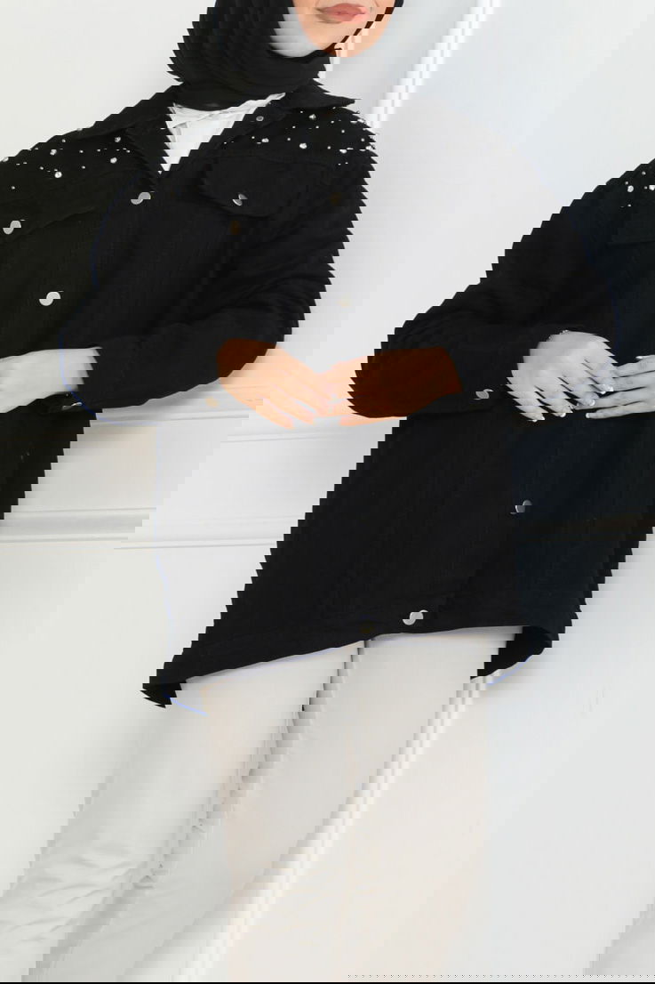 Kadın Omuz Taş Detaylı Oversize Kot Ceket Siyah - 26616 - TOFİSA