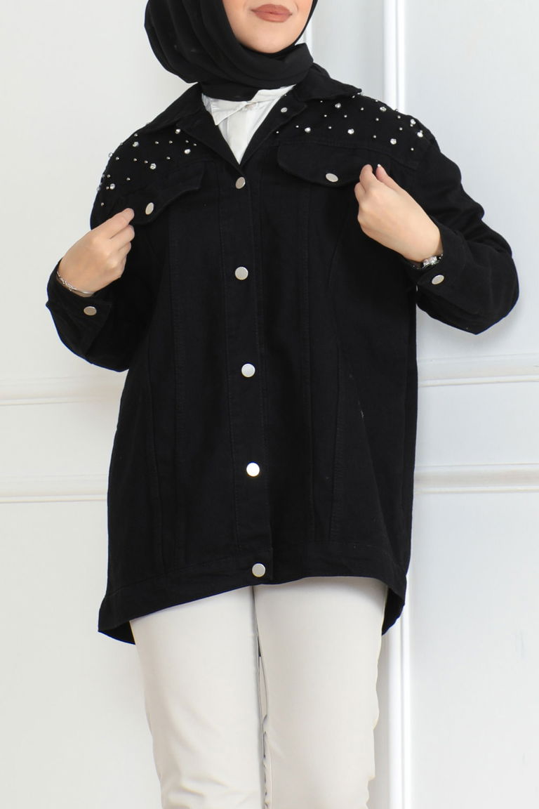 Kadın Omuz Taş Detaylı Oversize Kot Ceket Siyah - 26616 - TOFİSA