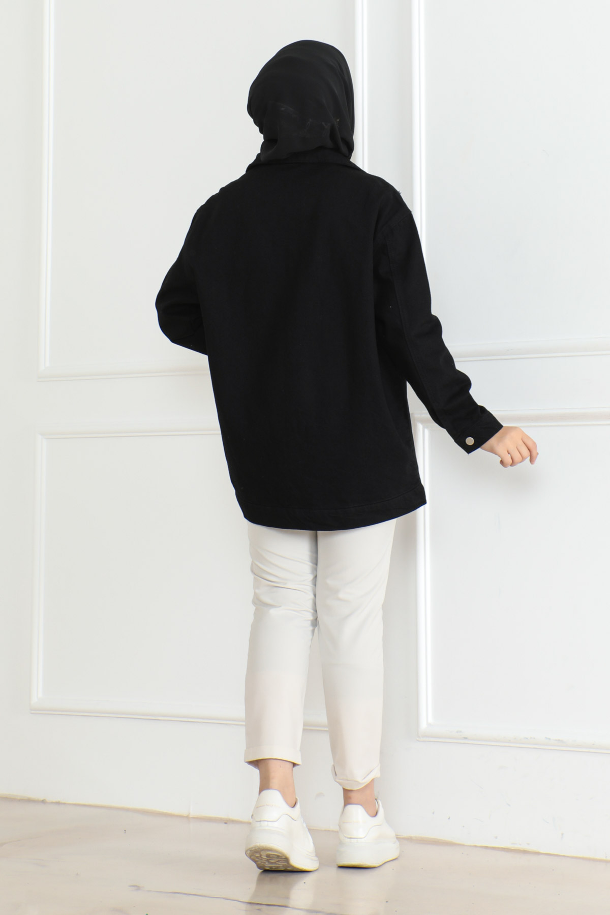 Kadın Omuz Taş Detaylı Oversize Kot Ceket Siyah - 26616 - 4