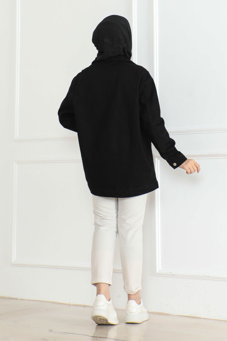 Kadın Omuz Taş Detaylı Oversize Kot Ceket Siyah - 26616 - TOFİSA