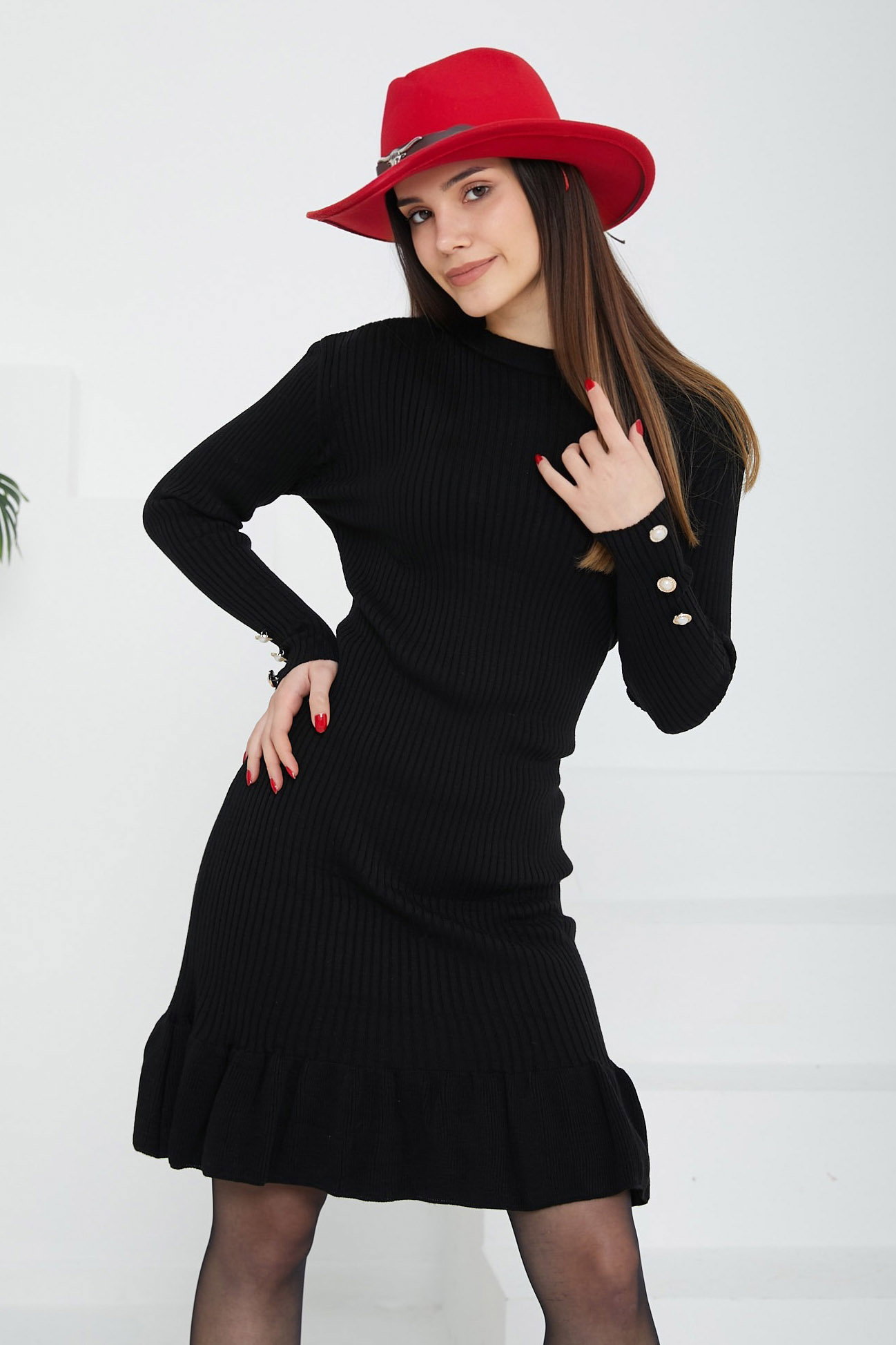 Düz Orta Kadın Siyah Triko Midi Elbise - 26688 - 1