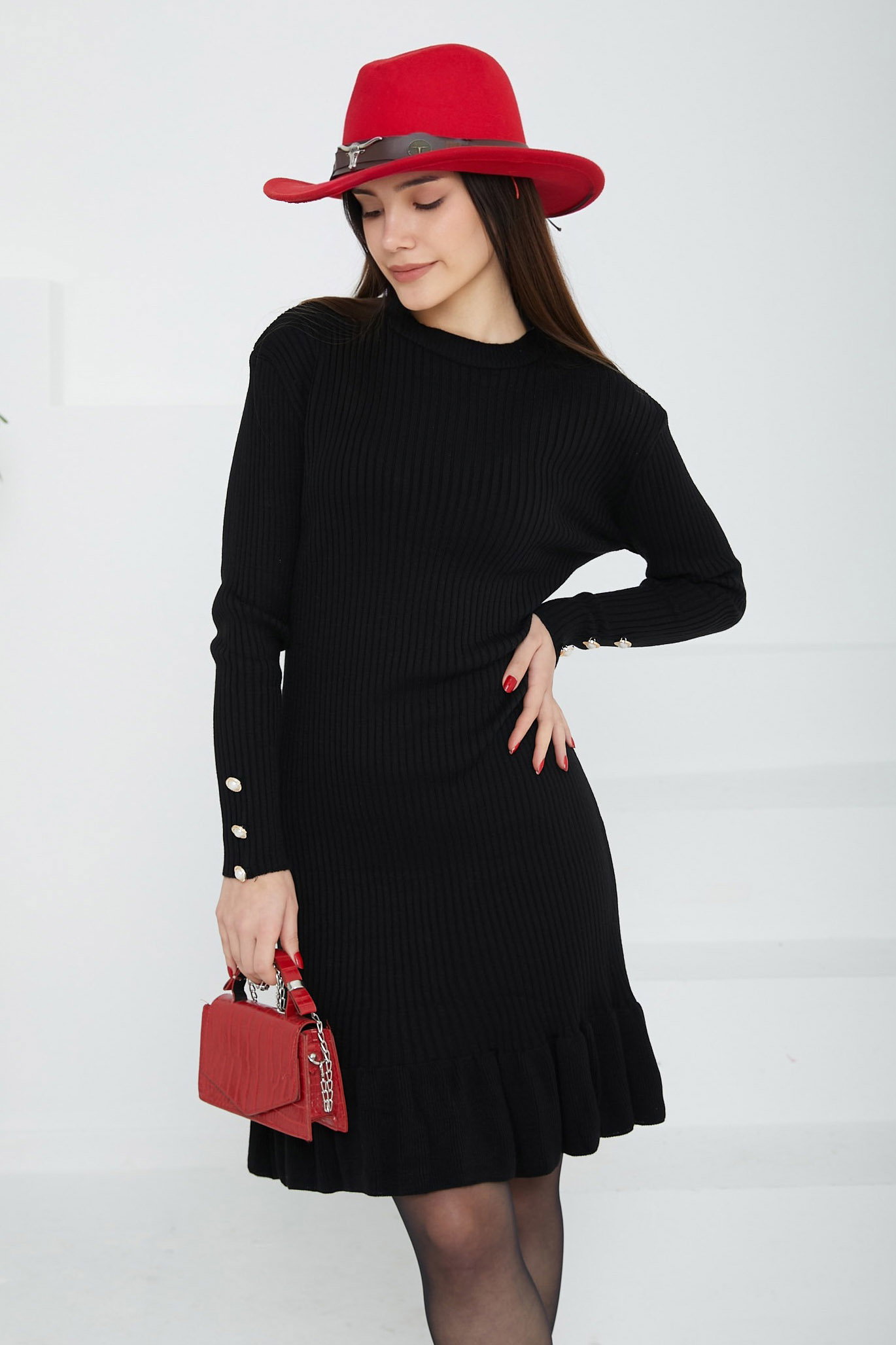 Düz Orta Kadın Siyah Triko Midi Elbise - 26688 - 3
