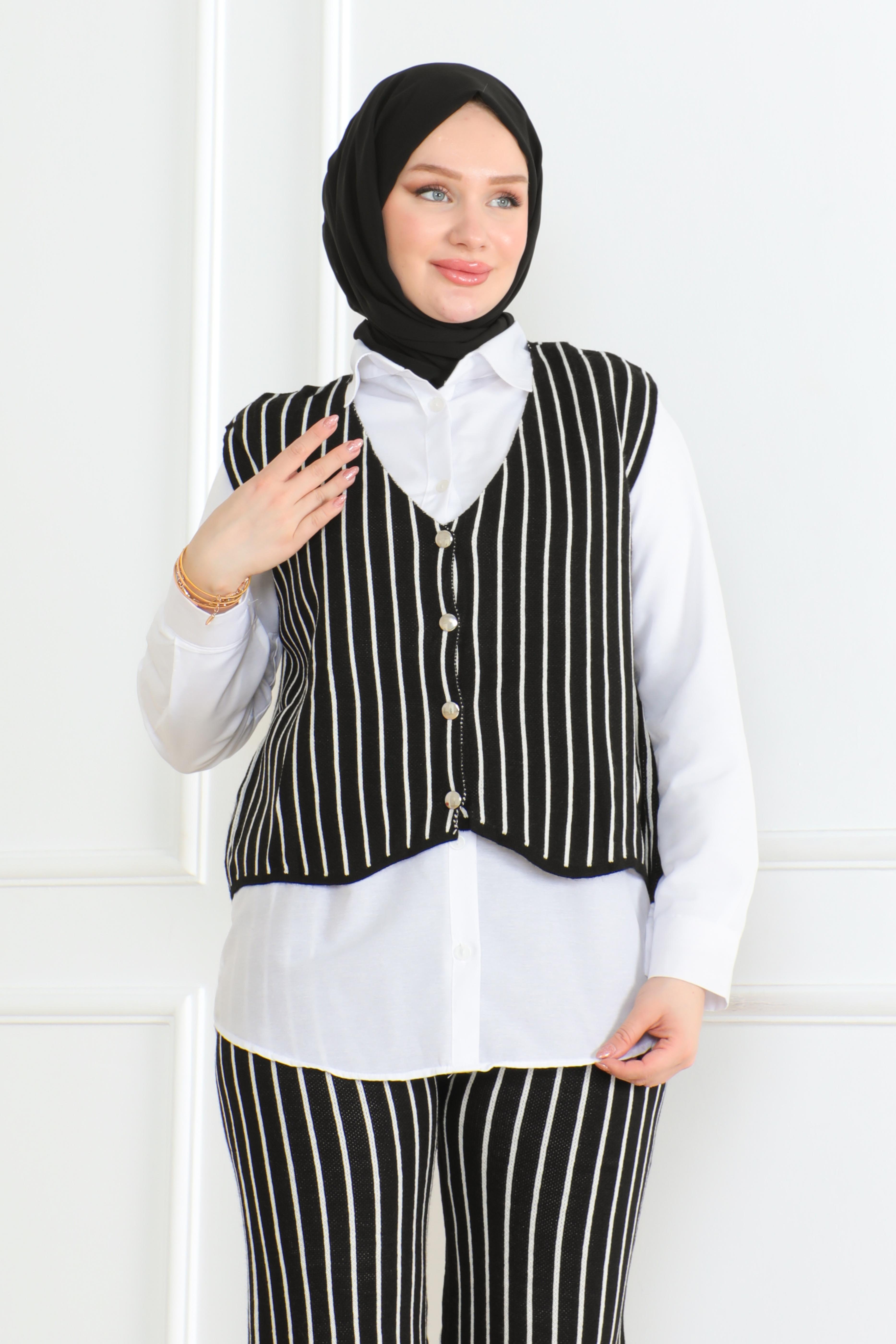 Düz Orta Kadın Siyah Üçlü Triko Takım - 26612 - 4