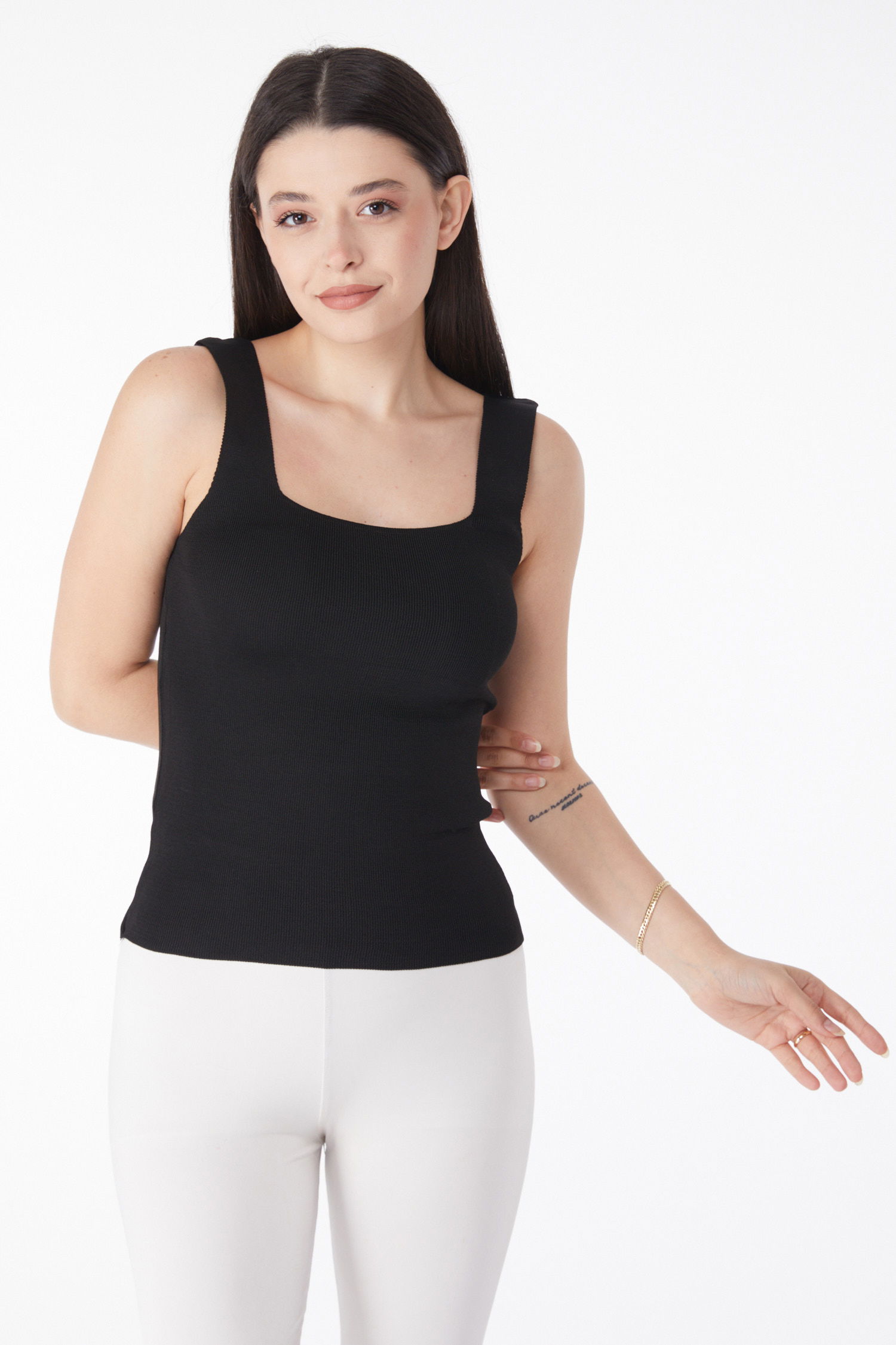 Düz Orta Kadın Siyah Yazlık Triko Crop - 25220 - 3
