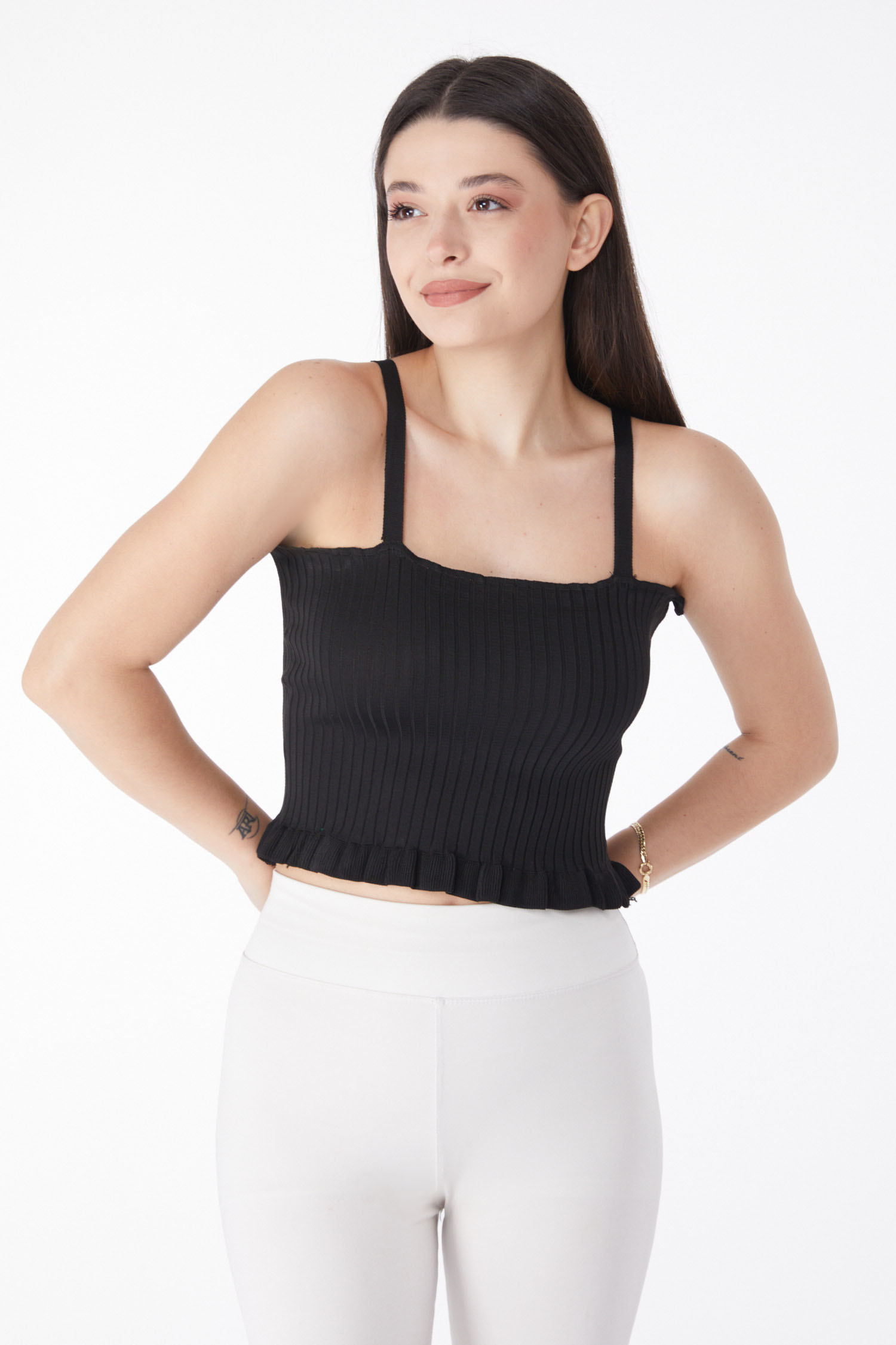 Düz Orta Kadın Siyah Yazlık Triko Crop - 25222 - 2