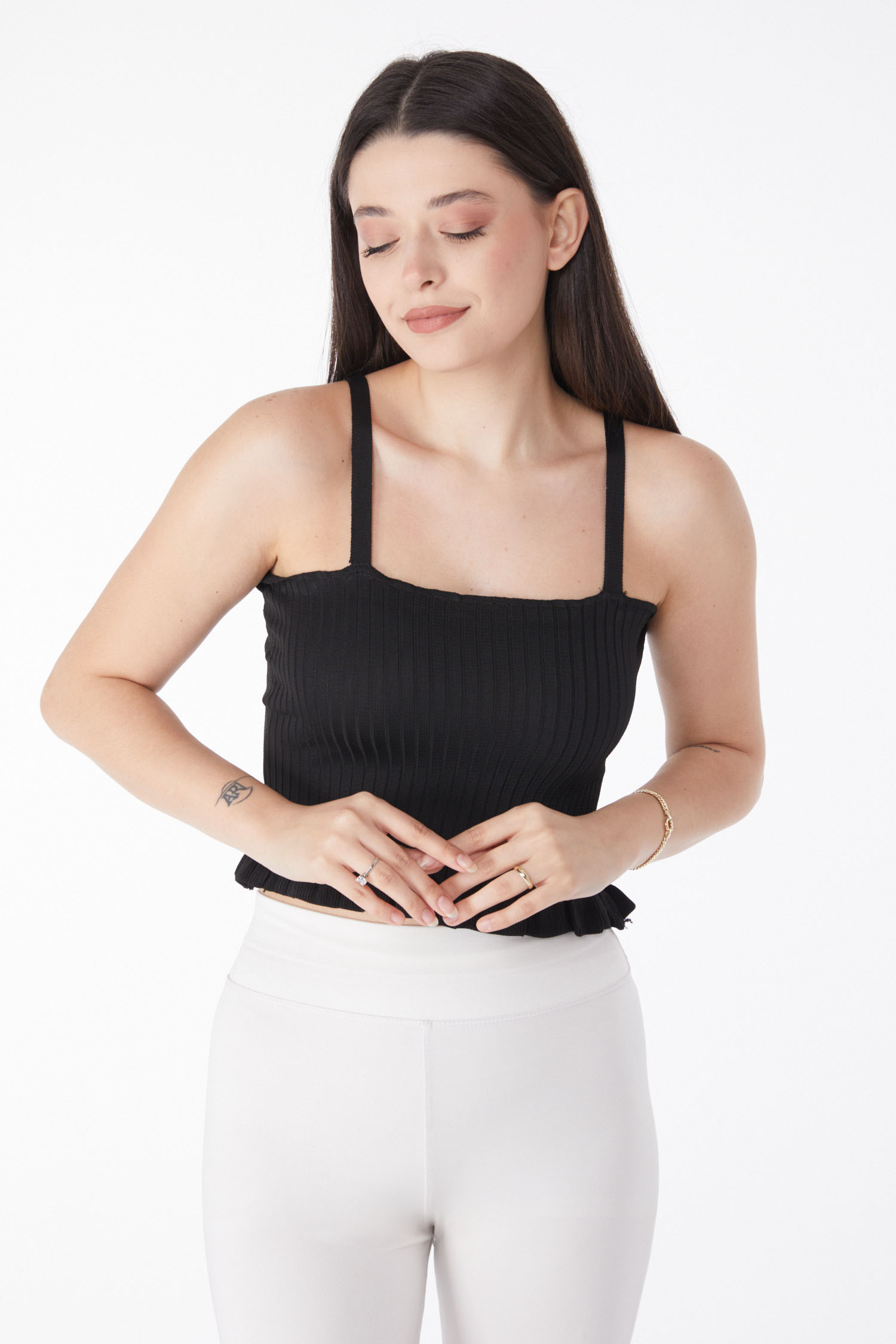 Düz Orta Kadın Siyah Yazlık Triko Crop - 25222 - 3