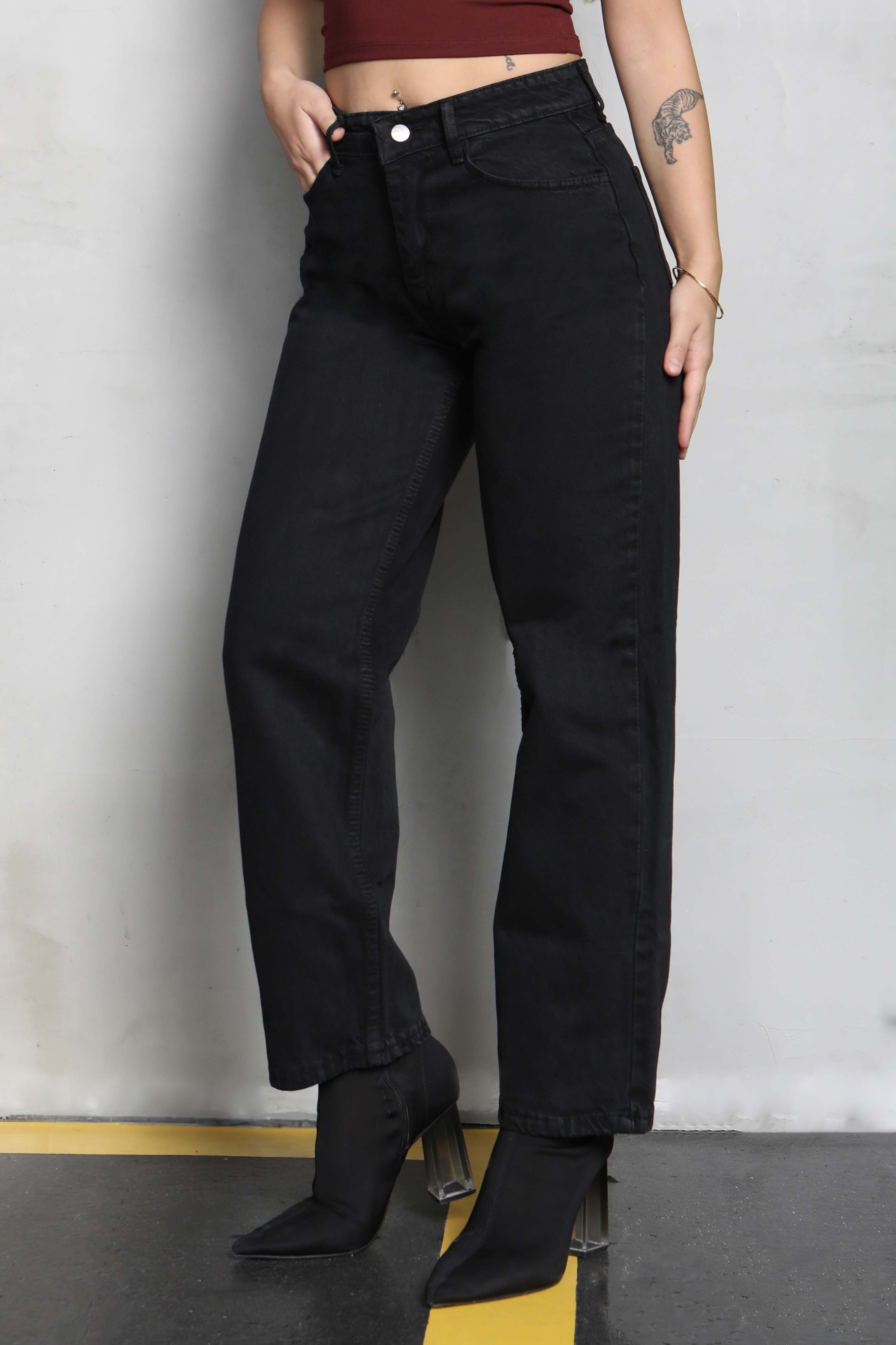 Yüksek Bel Mom Kot Pantolon Siyah - 23666 - 3