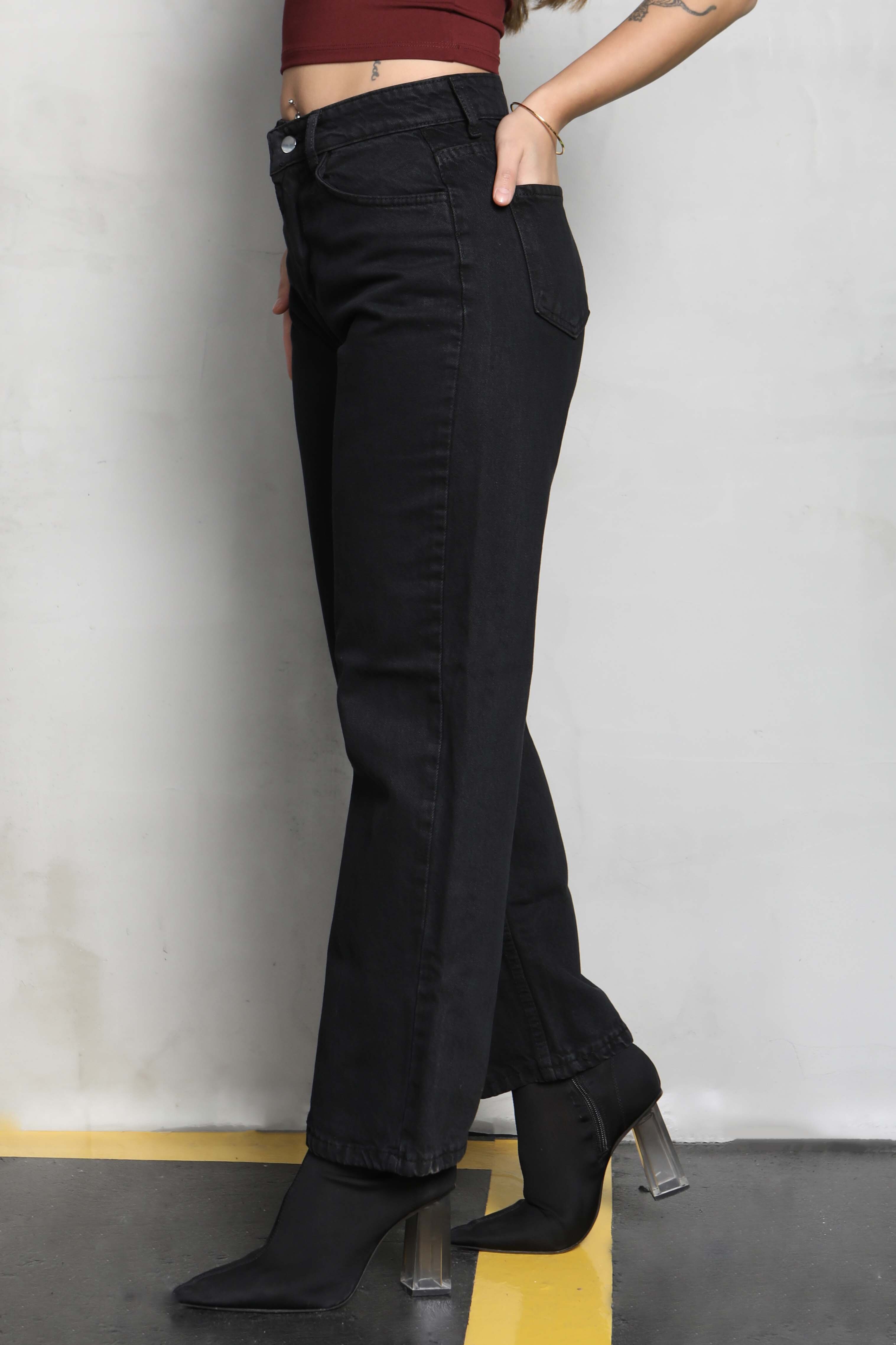 Yüksek Bel Mom Kot Pantolon Siyah - 23666 - 2