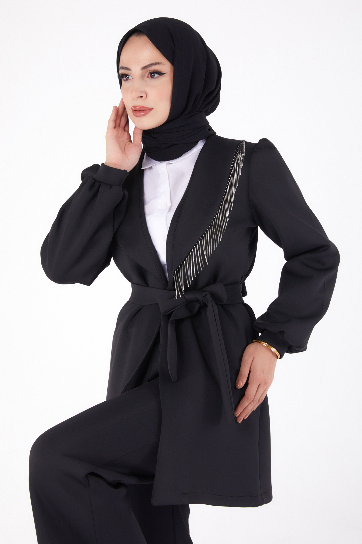 Düz Orta Kadın Siyah Zincir Detaylı İkili Takım - 26380 - 1