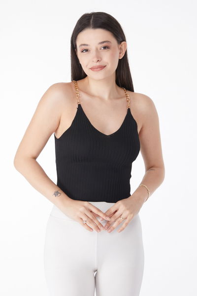 Zincirli Triko Crop Siyah - 25221 