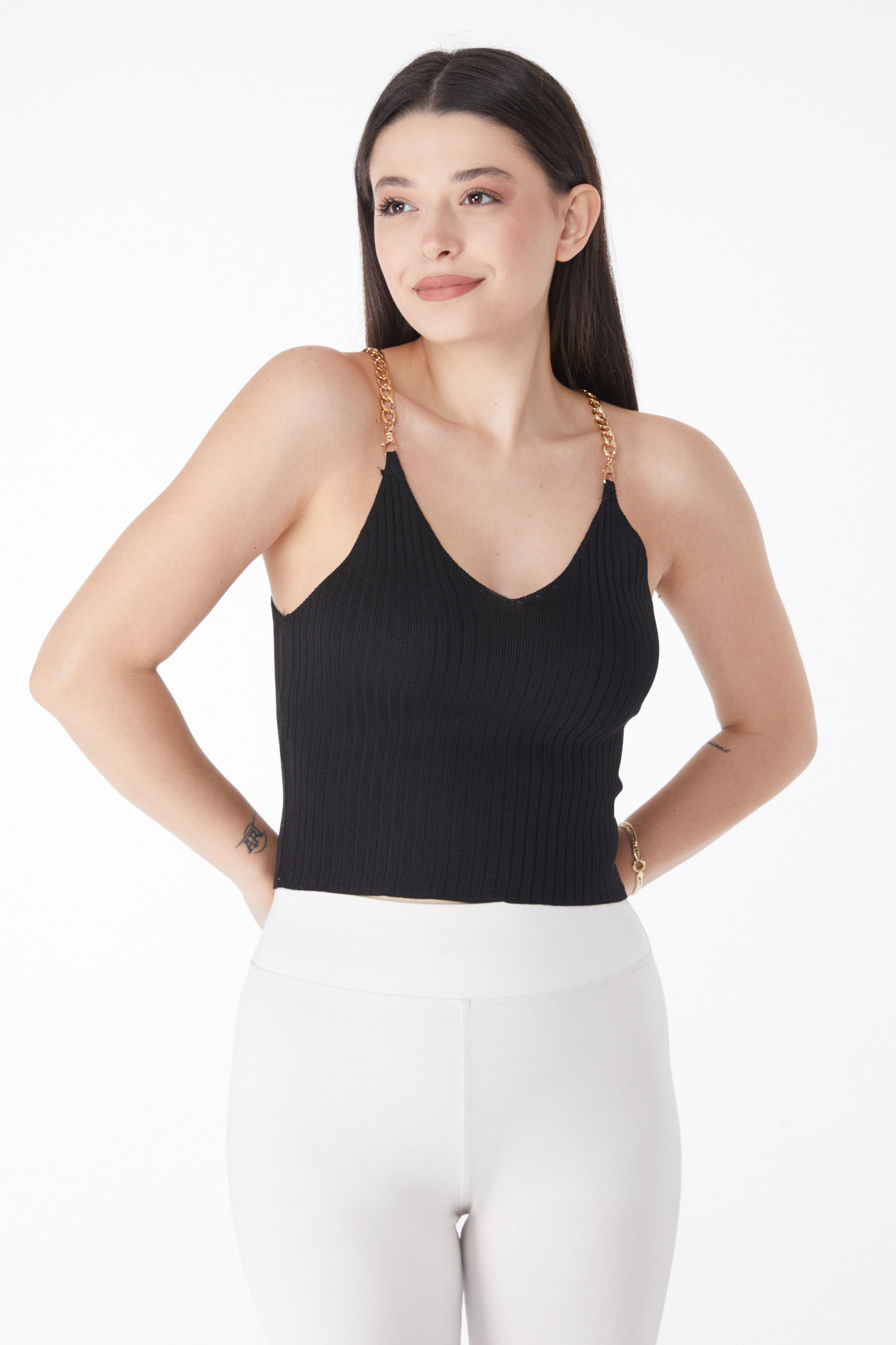 Zincirli Triko Crop Siyah - 25221 - 2