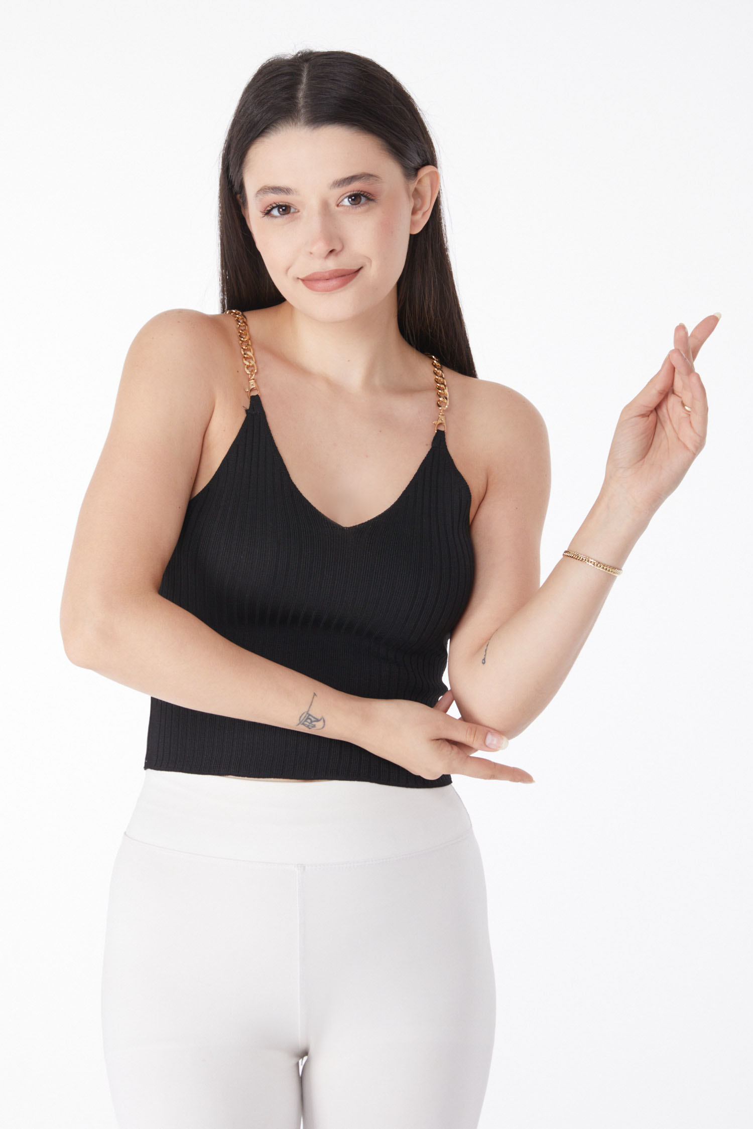 Zincirli Triko Crop Siyah - 25221 - 3