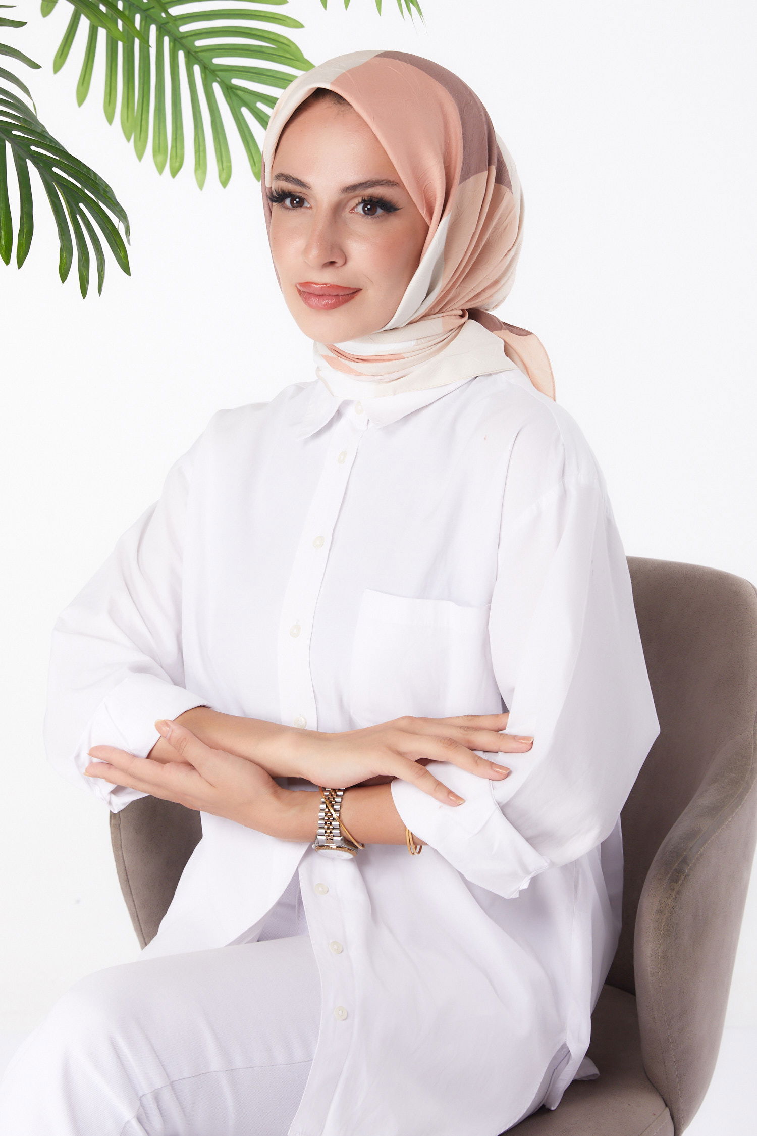 Düz Orta Kadın Somon Desenli Eşarp - 26148 - 2