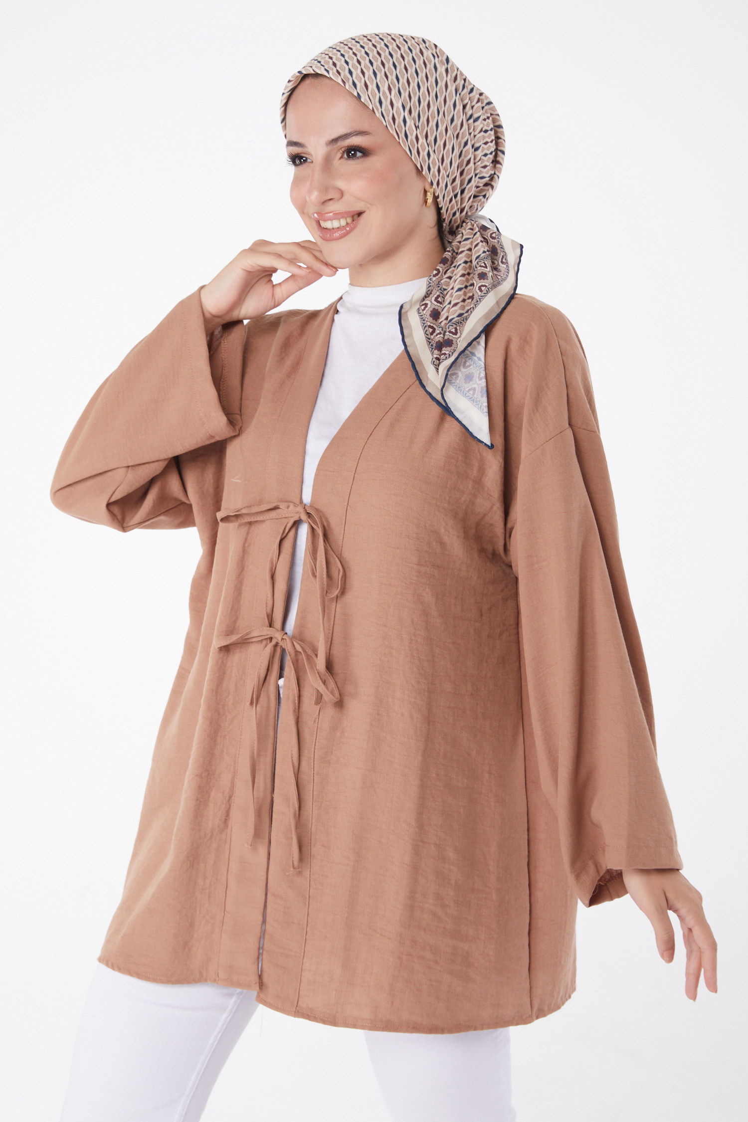 Düz Orta Kadın Taba Bağcıklı Kimono - 26141 - 2