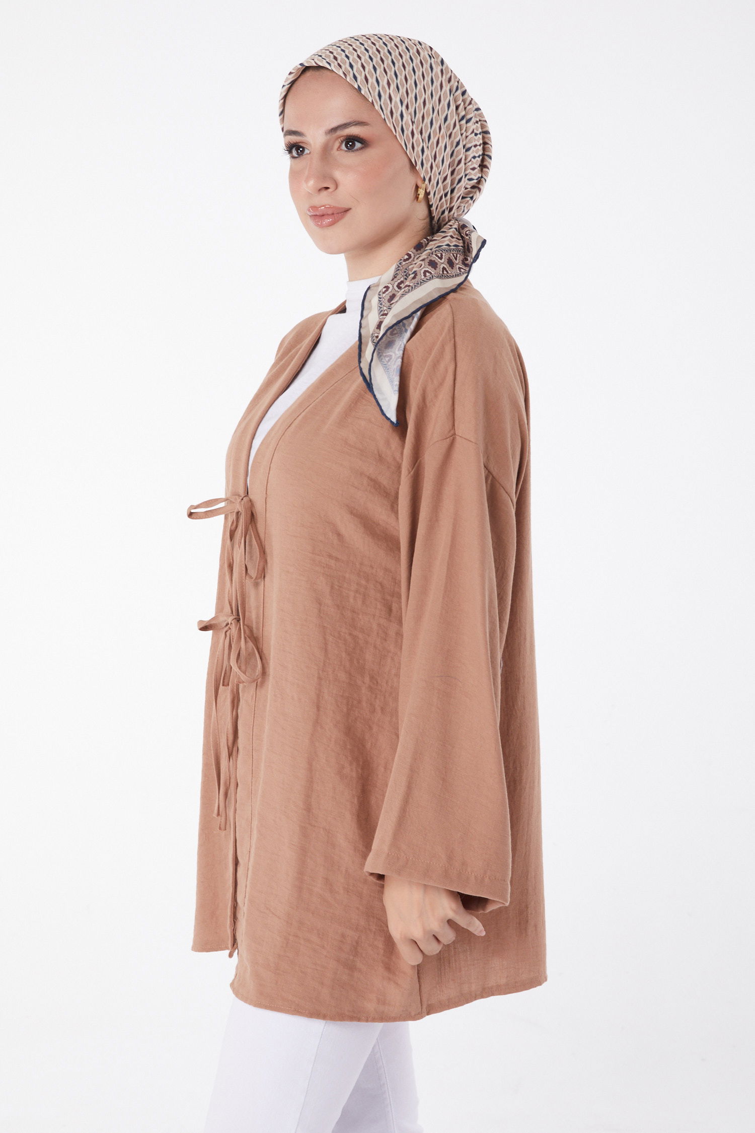 Düz Orta Kadın Taba Bağcıklı Kimono - 26141 - 3