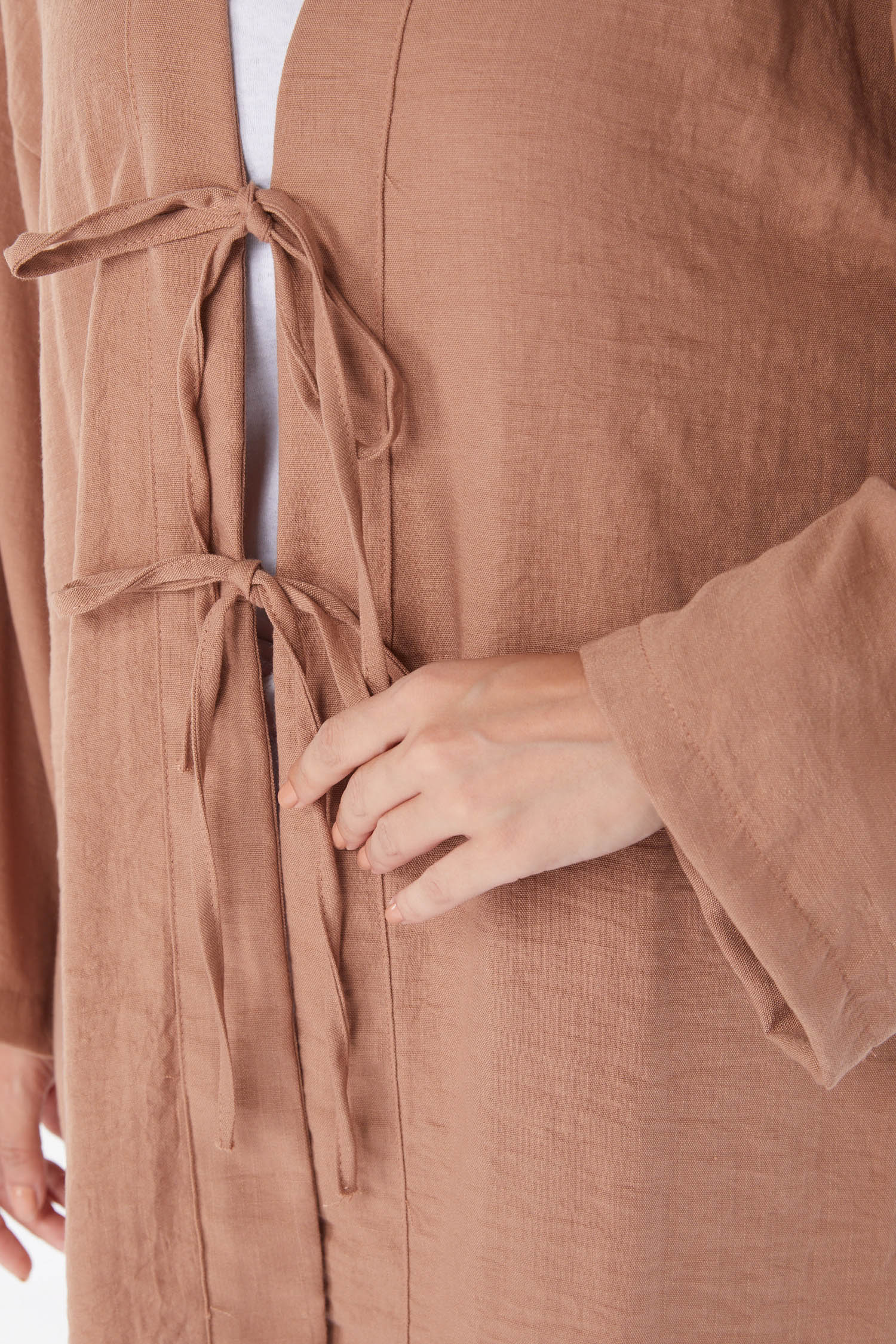 Düz Orta Kadın Taba Bağcıklı Kimono - 26141 - 5