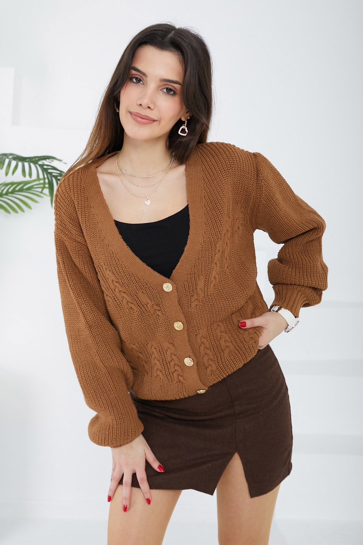 Düz Orta Kadın Taba Kısa Triko Hırka - 26683 - 1