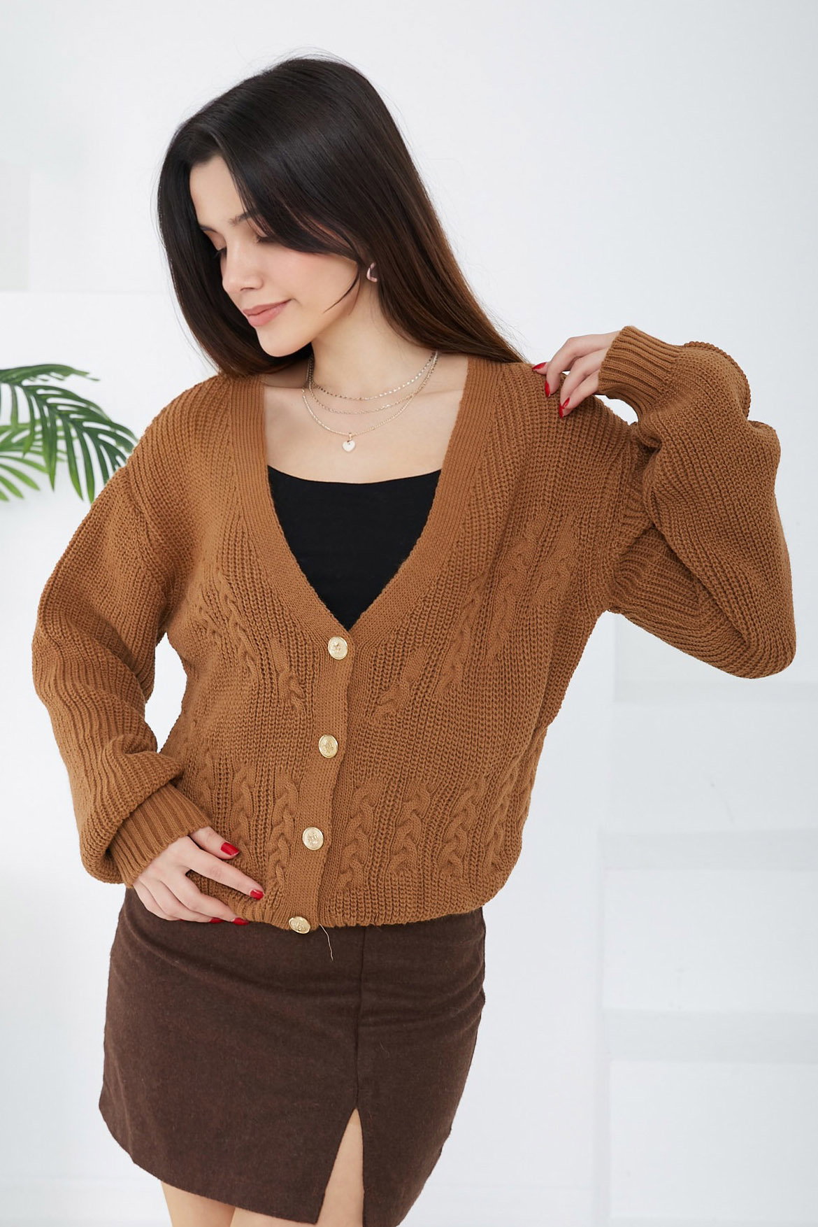 Düz Orta Kadın Taba Kısa Triko Hırka - 26683 - 2