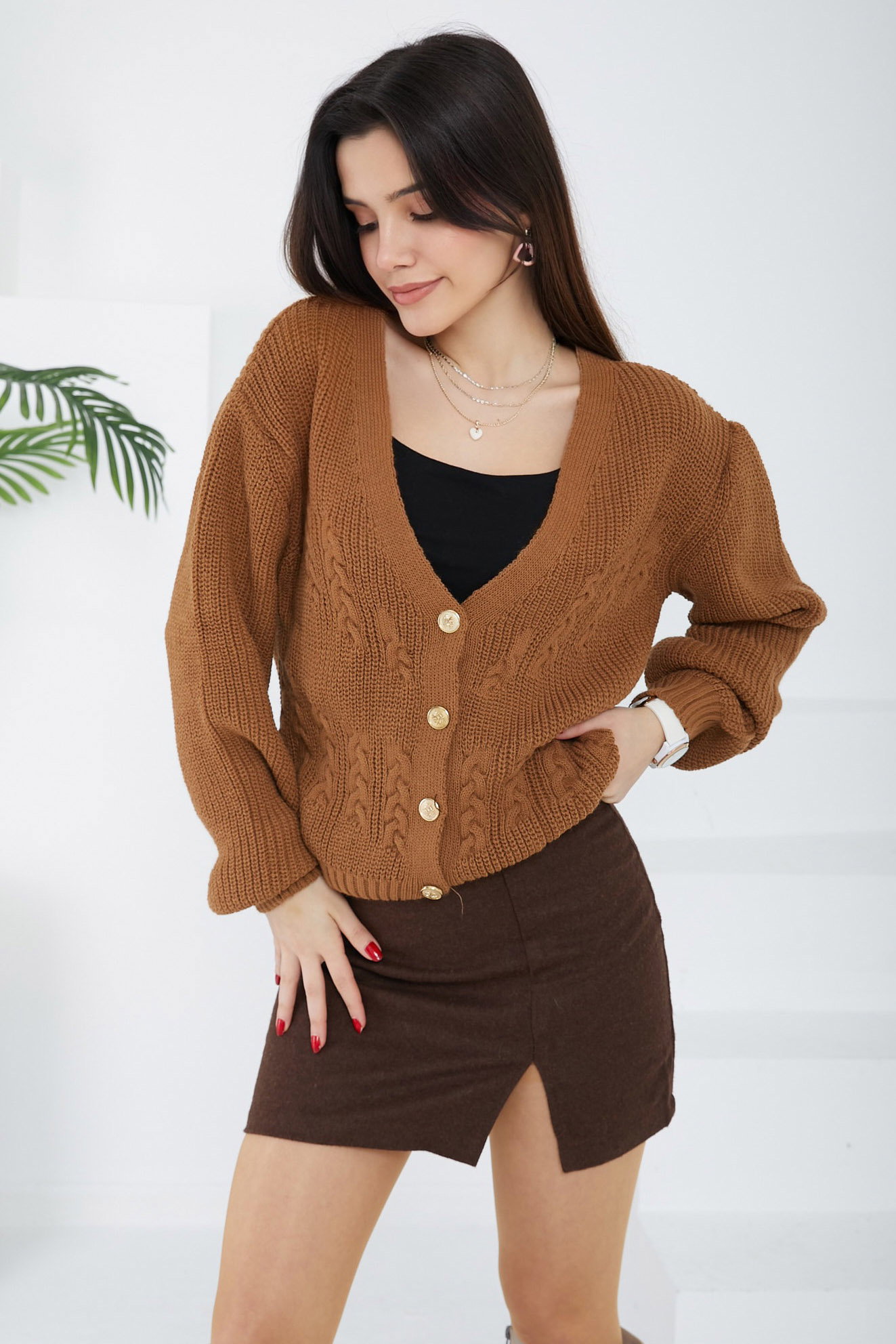 Düz Orta Kadın Taba Kısa Triko Hırka - 26683 - 3