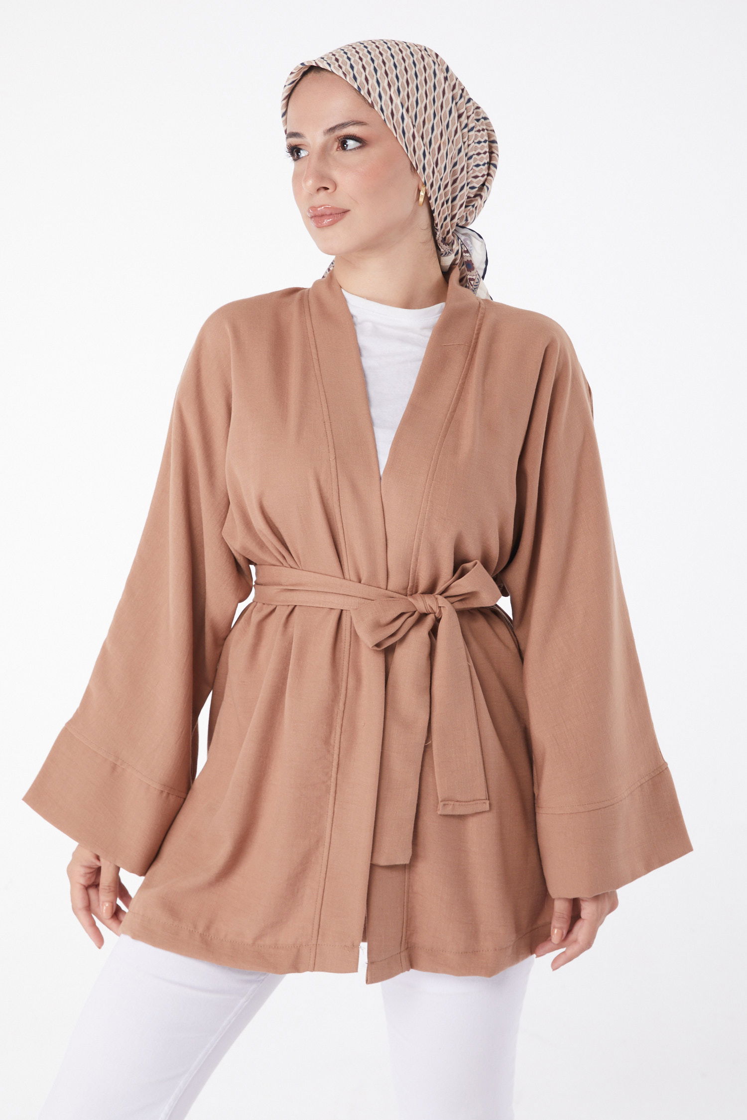 Düz Orta Kadın Taba Kuşaklı Kimono - 26129 - 1