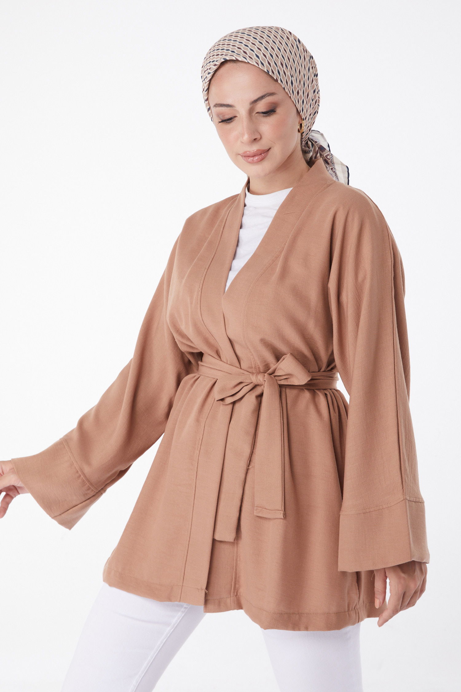 Düz Orta Kadın Taba Kuşaklı Kimono - 26129 - 2