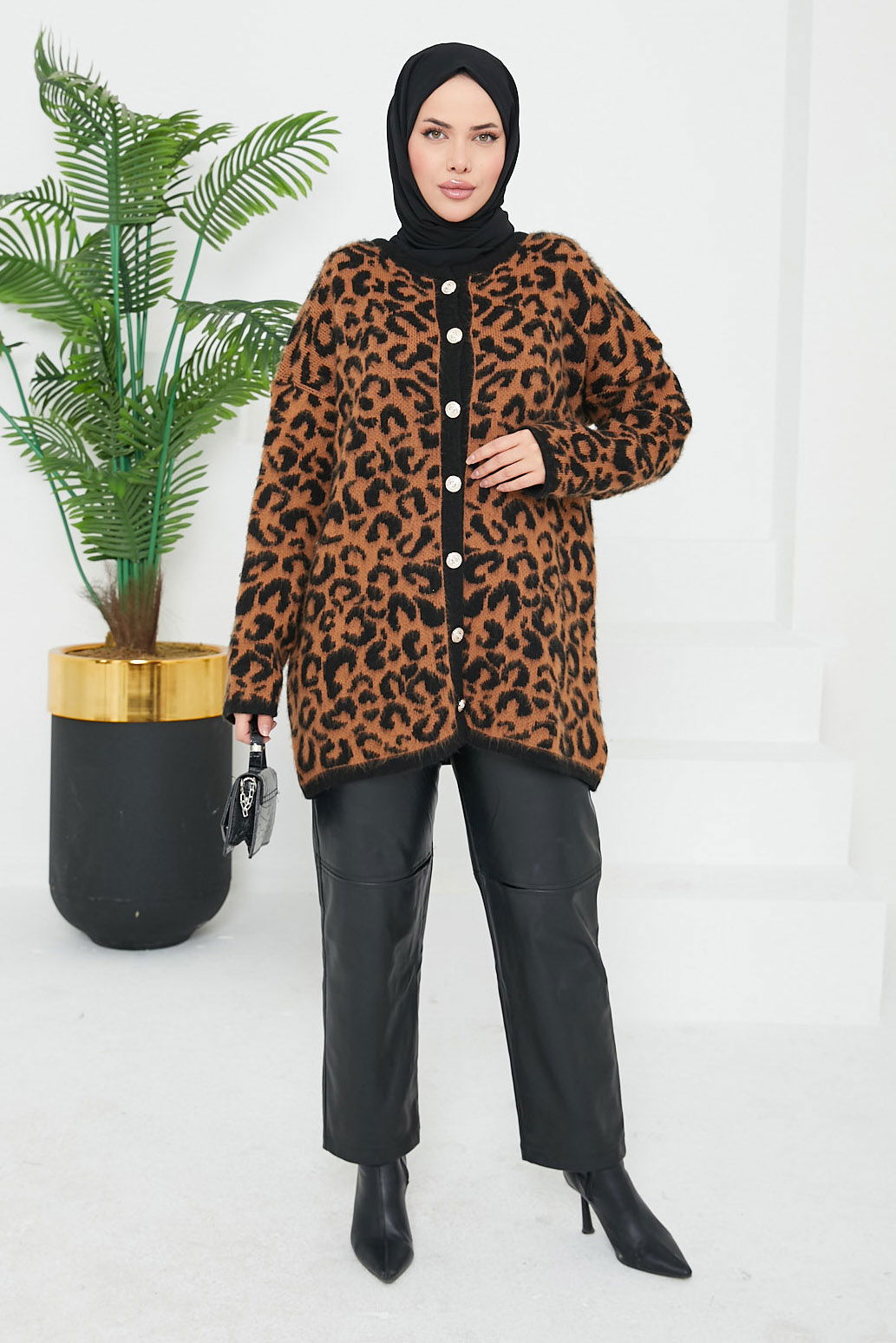 Düz Orta Kadın Taba Leopar Triko Hırka - 26609 - 3