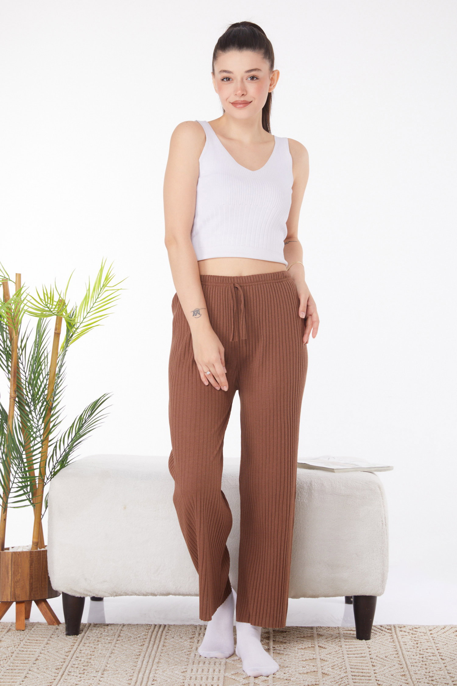 Düz Orta Kadın Taba Pijama Altı - 25855 - 1