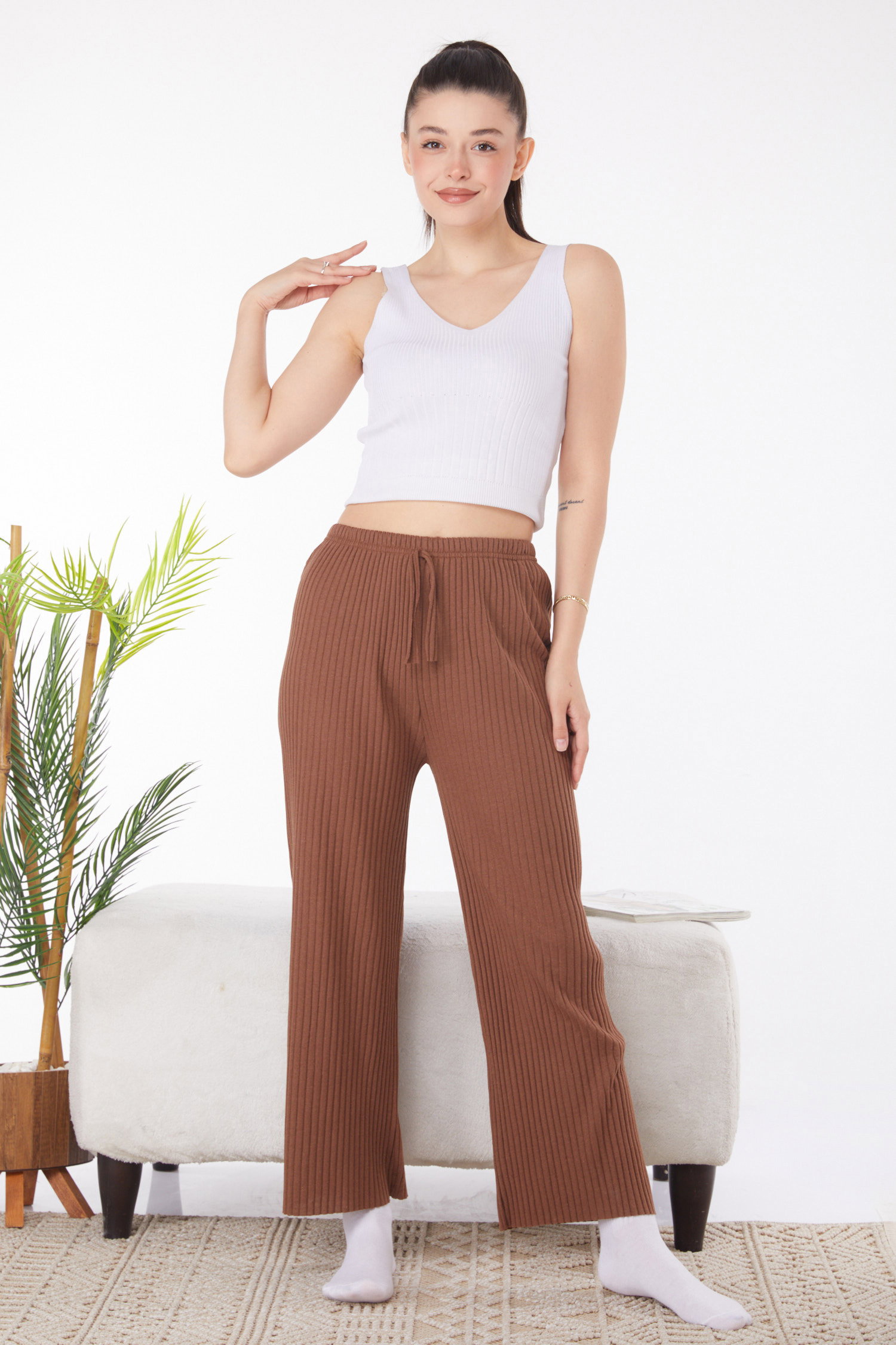 Düz Orta Kadın Taba Pijama Altı - 25855 - 2