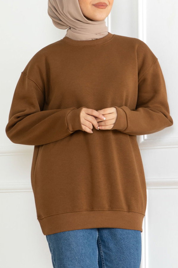 Düz Orta Kadın Taba Sweatshirt - 26617 - 1
