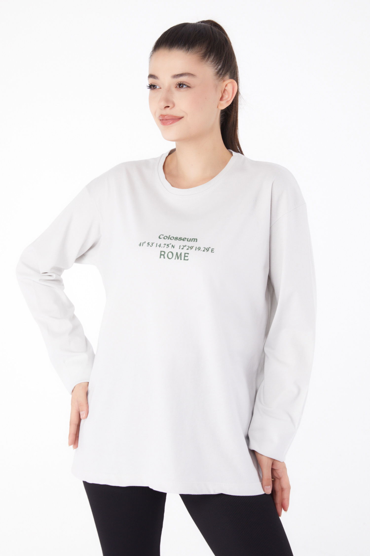 Düz Orta Kadın Taş Baskılı Sweat - 26264 - 2