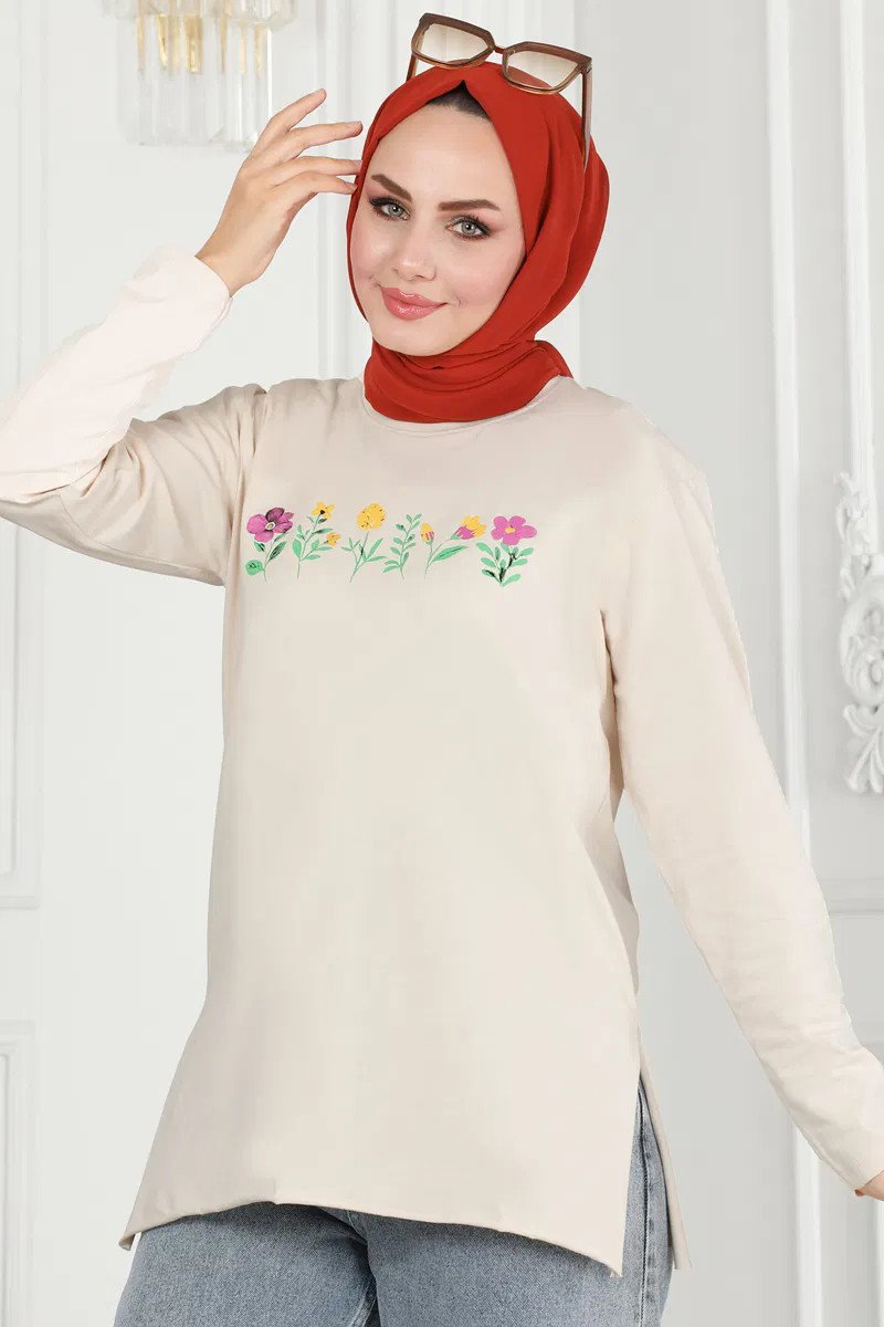 Kadın Bisiklet Yaka Çiçek Baskılı Tunik Tas - 26628 - 1