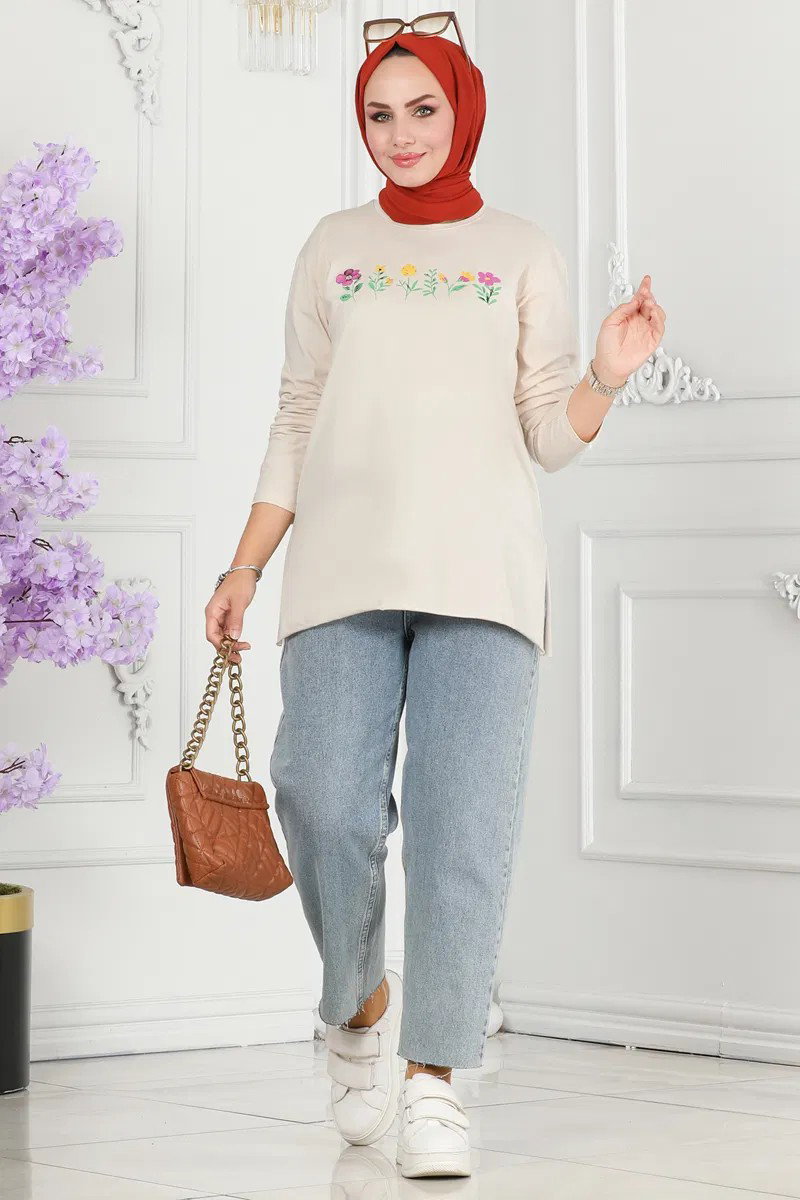 Kadın Bisiklet Yaka Çiçek Baskılı Tunik Tas - 26628 - 2