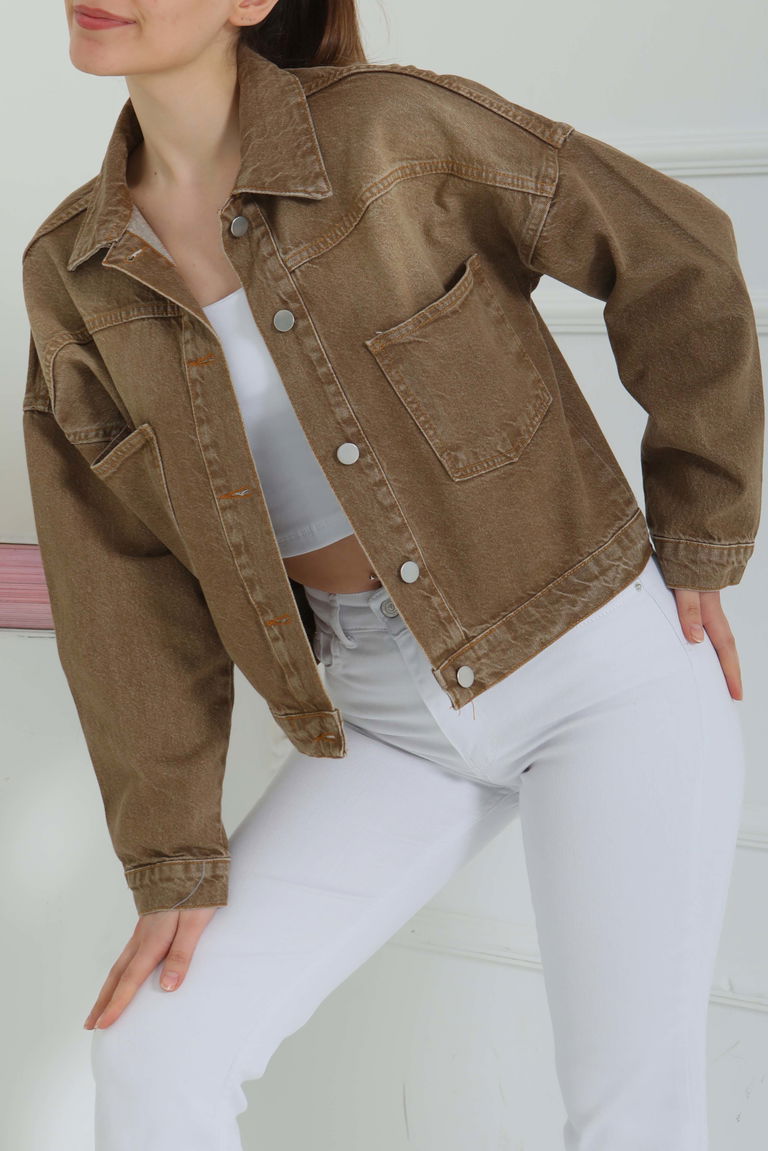 Düz Orta Kadın Tint-kahve Kısa Kot Ceket - 26573 - TOFİSA