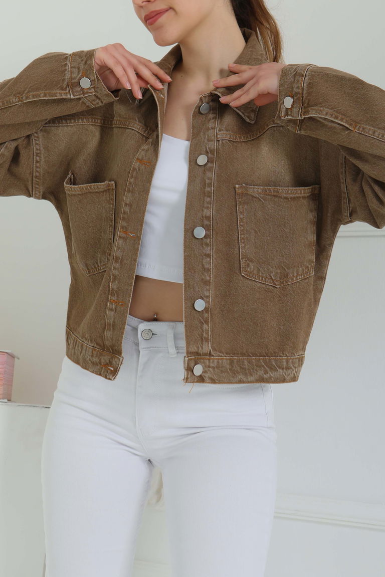 Düz Orta Kadın Tint-kahve Kısa Kot Ceket - 26573 - TOFİSA