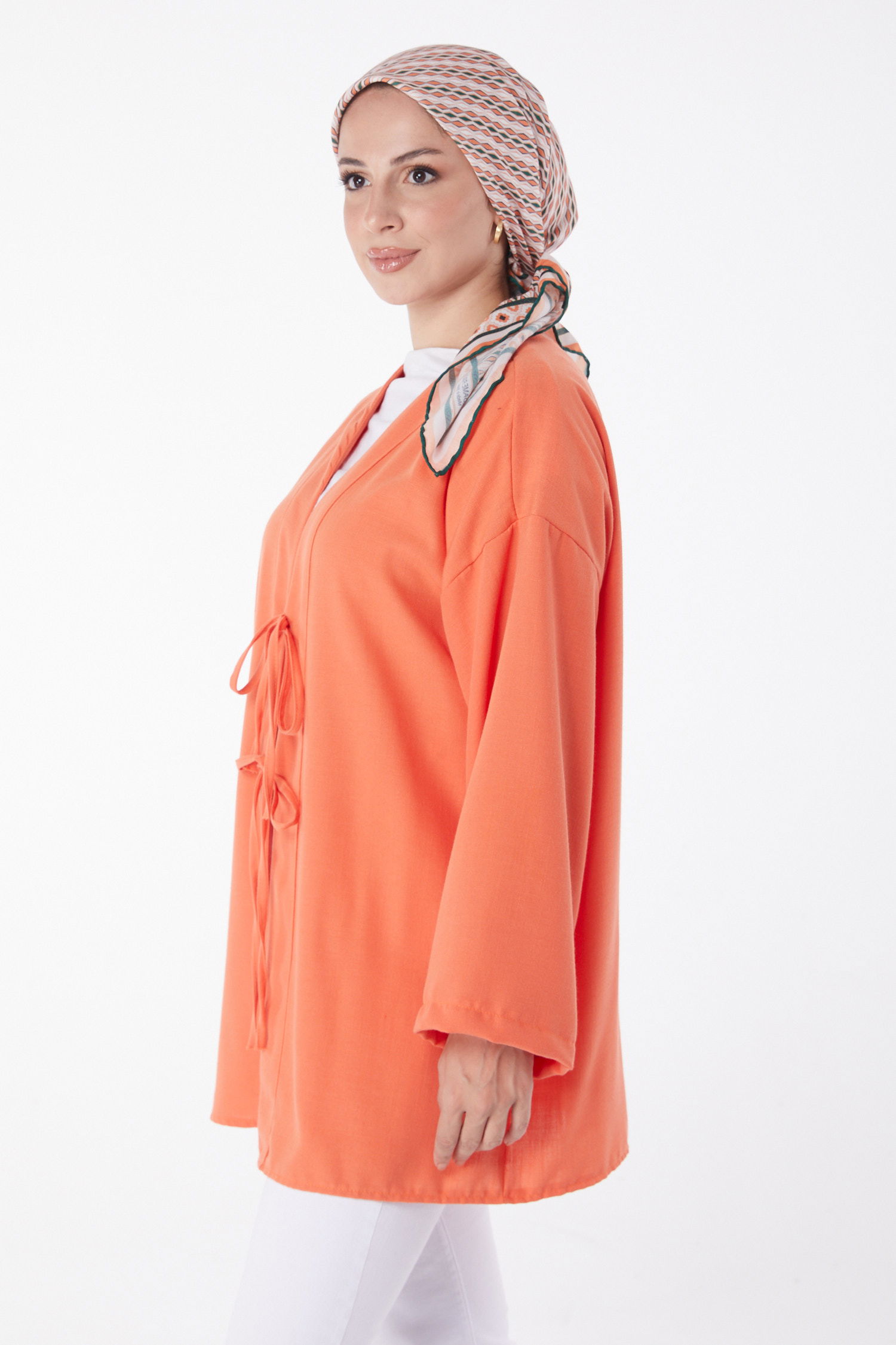 Düz Orta Kadın Turuncu Bağcıklı Kimono - 26141 - 3