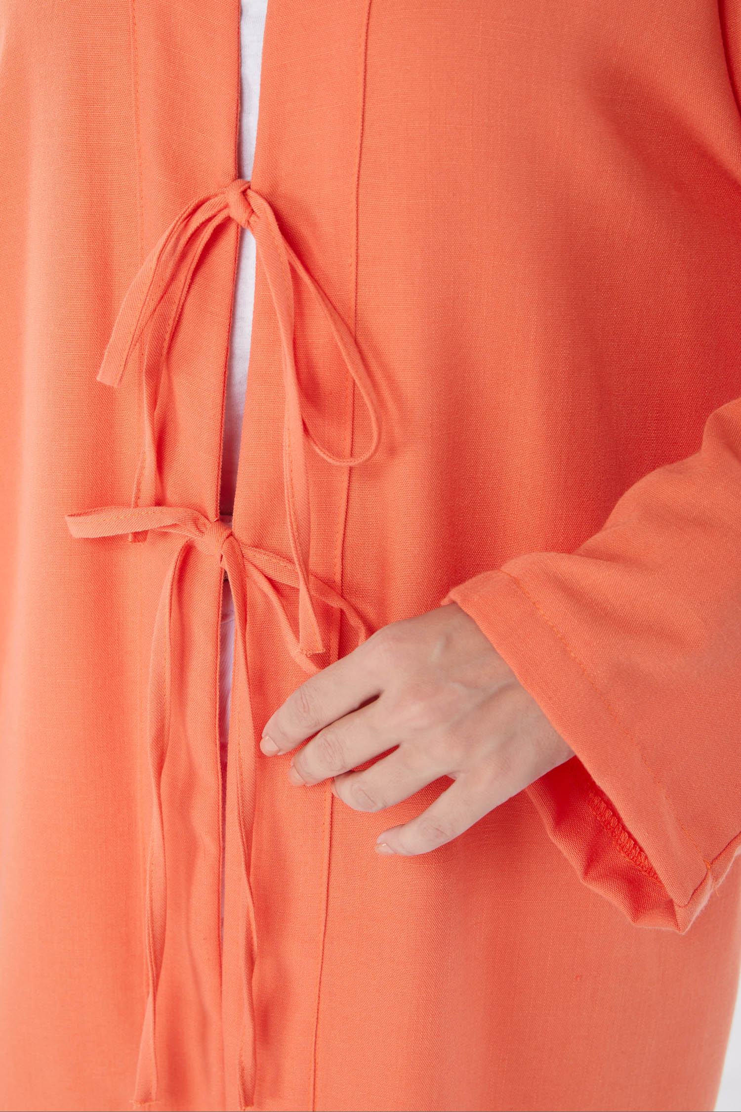 Düz Orta Kadın Turuncu Bağcıklı Kimono - 26141 - 5