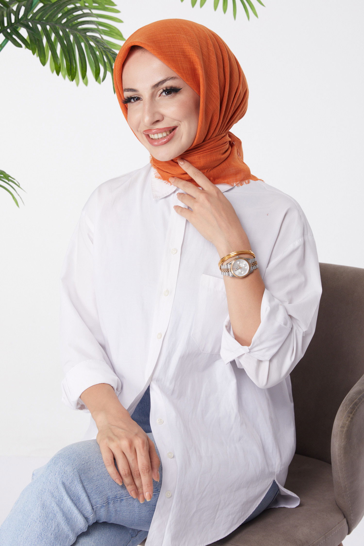 Düz Orta Kadın Turuncu Eşarp - 26146 - 1