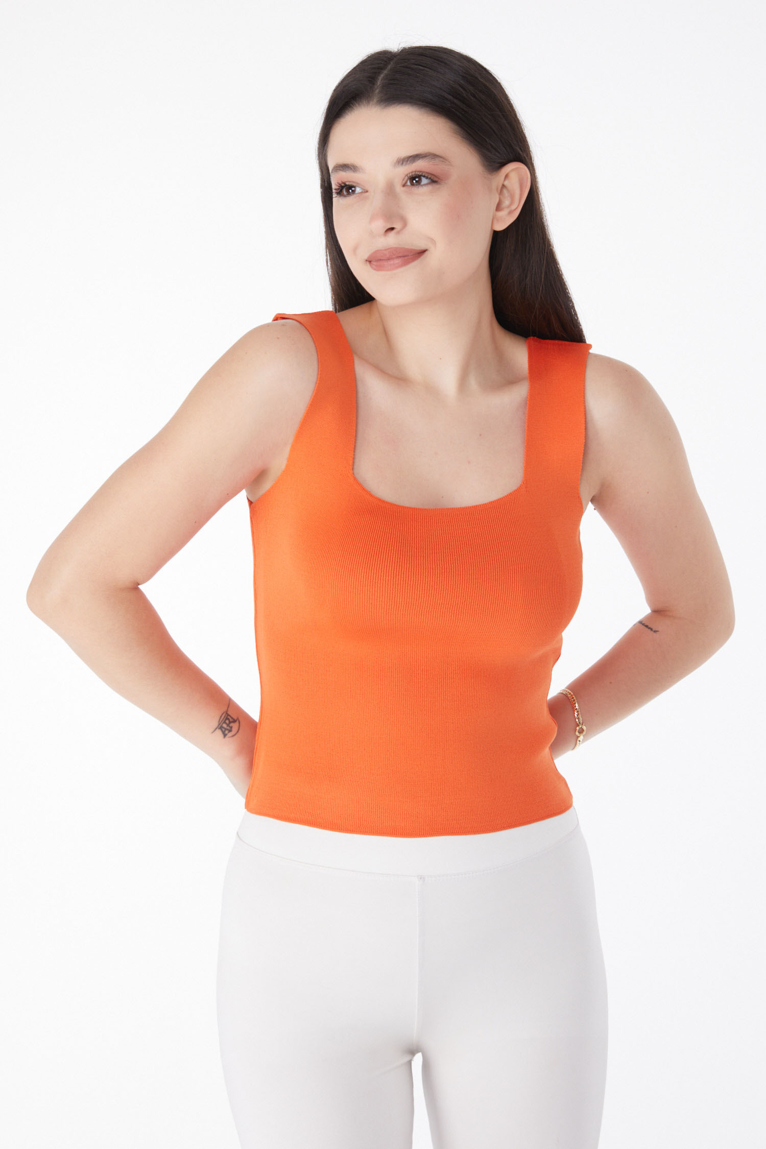 Düz Orta Kadın Turuncu Yazlık Triko Crop - 25220 - 2