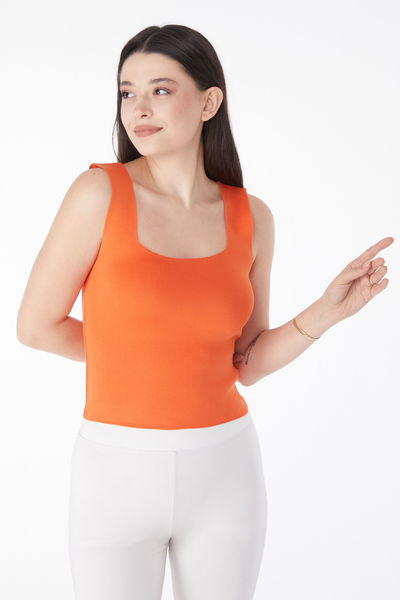 Düz Orta Kadın Turuncu Yazlık Triko Crop - 25220 