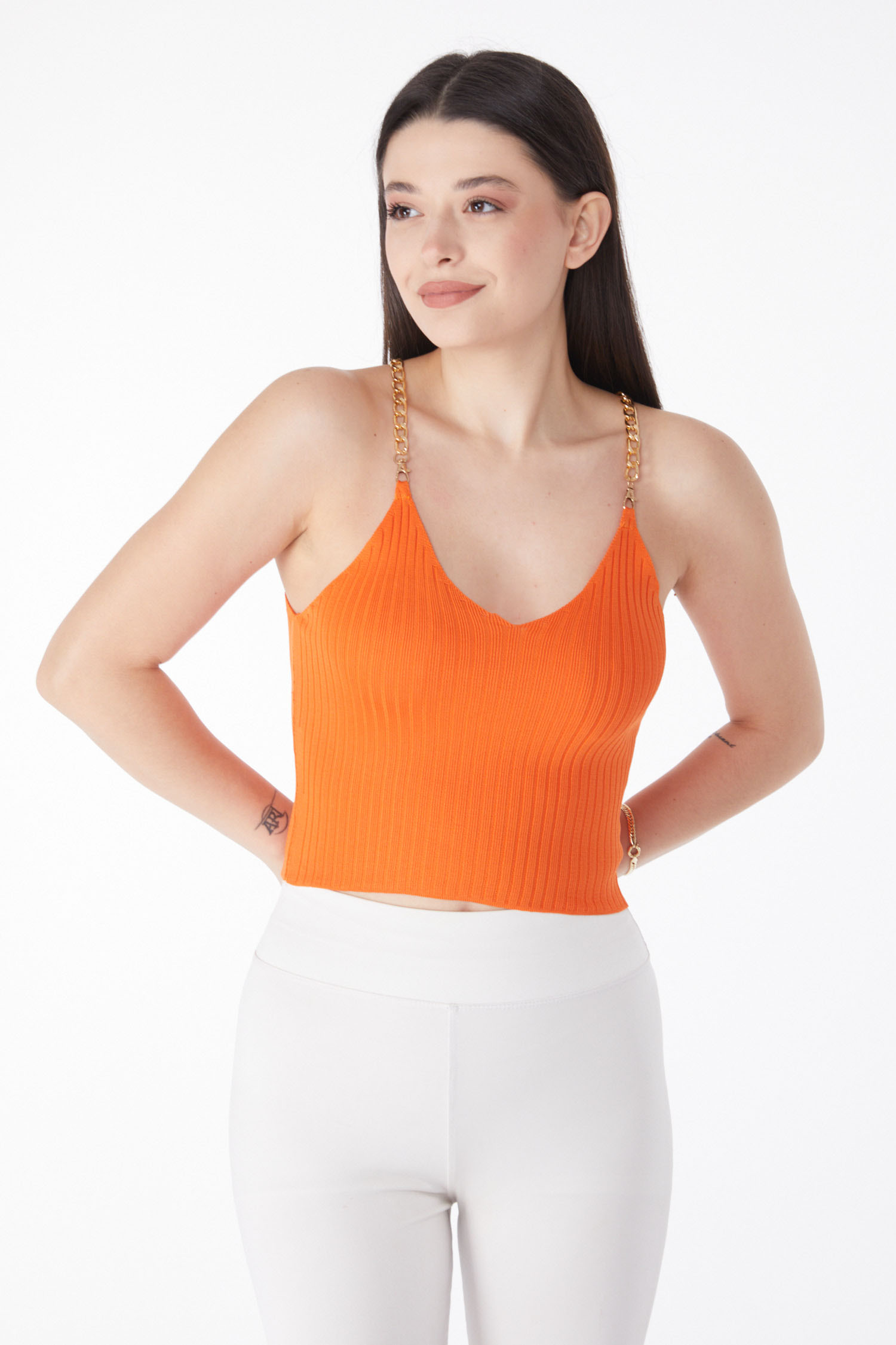 Düz Orta Kadın Turuncu Zincirli Triko Crop - 25221 - 2