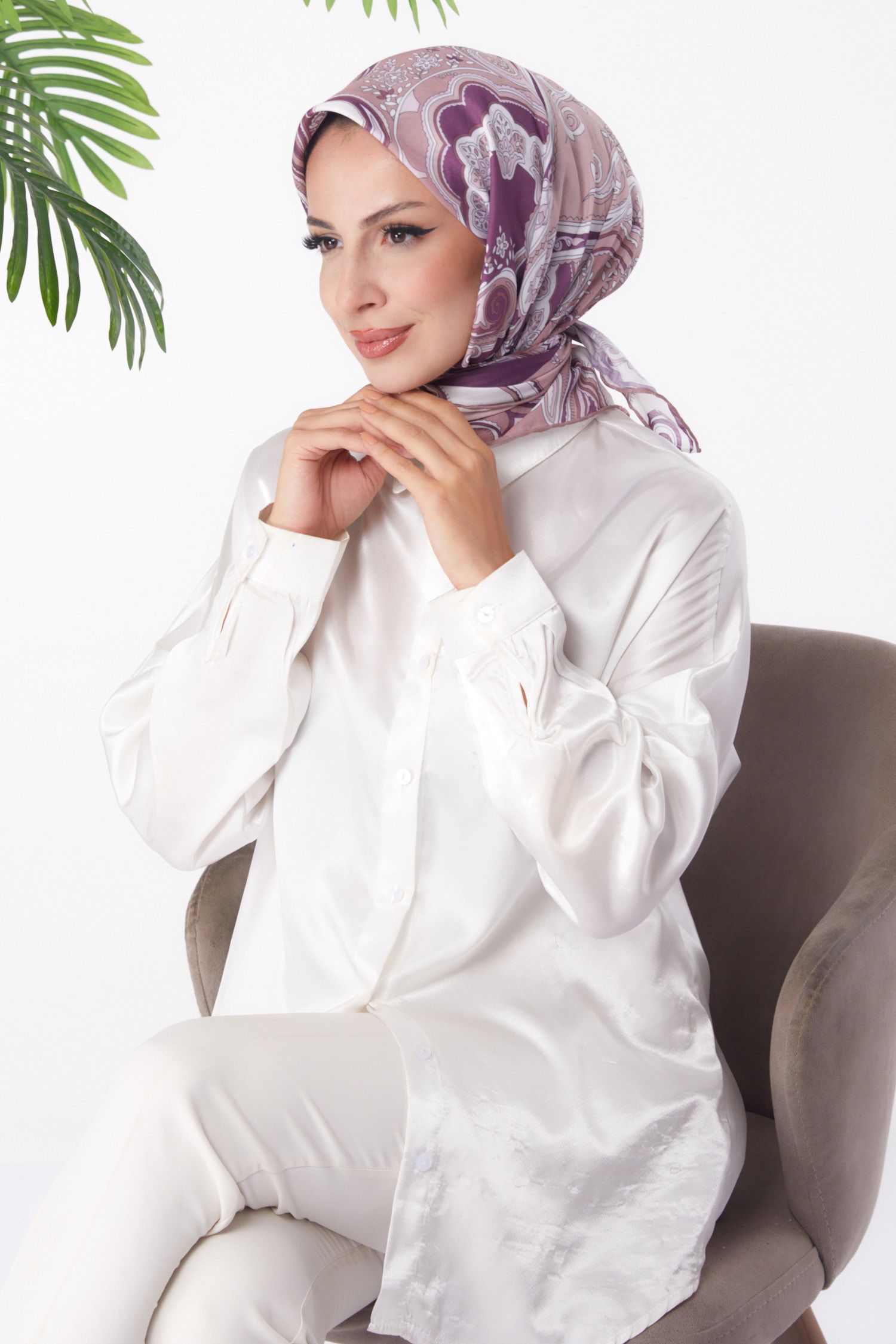 Düz Orta Kadın Vizon Desenli Eşarp - 25973 - 2