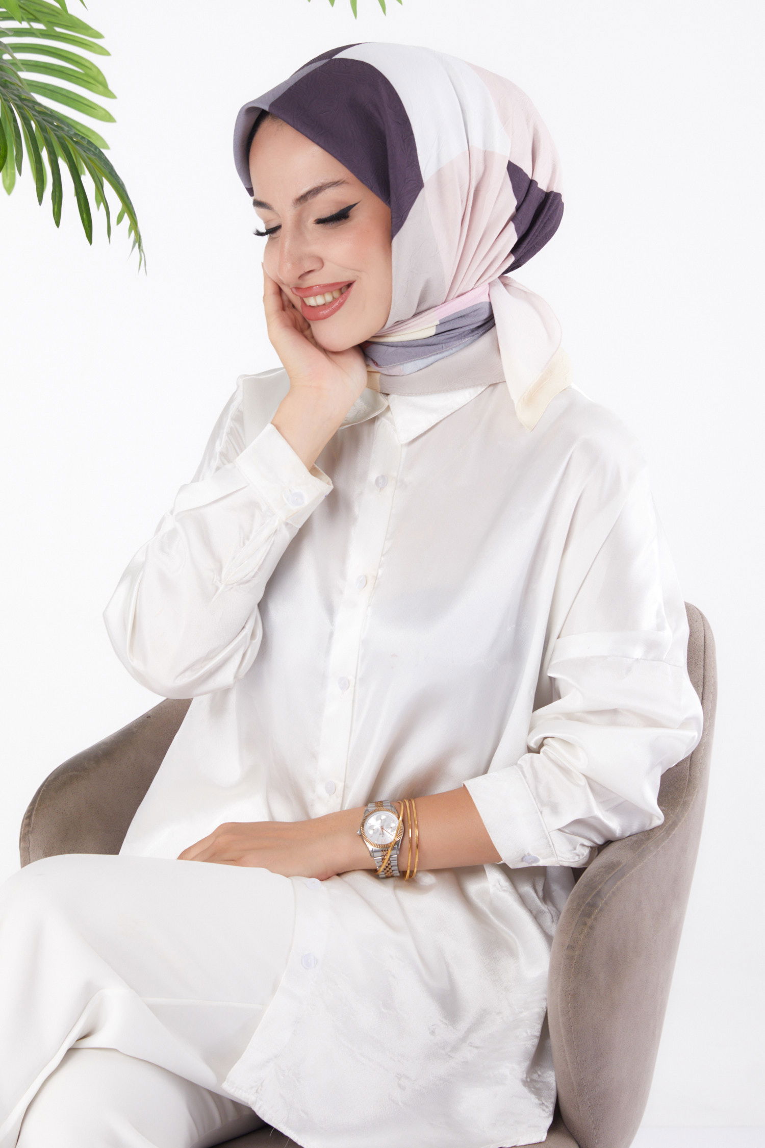 Düz Orta Kadın Vizon Desenli Eşarp - 26148 - 1