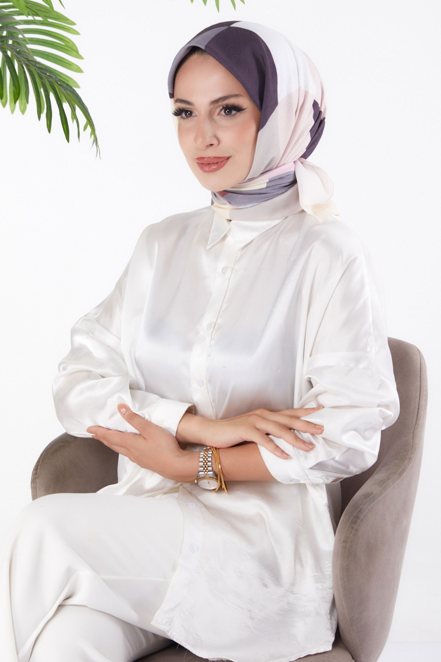 Düz Orta Kadın Vizon Desenli Eşarp - 26148 - 2
