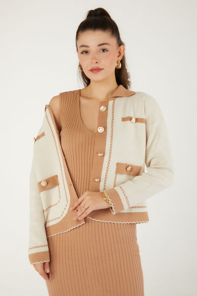 Düz Orta Kadın Vizon Elbise Bolero Triko Takım - 26470 