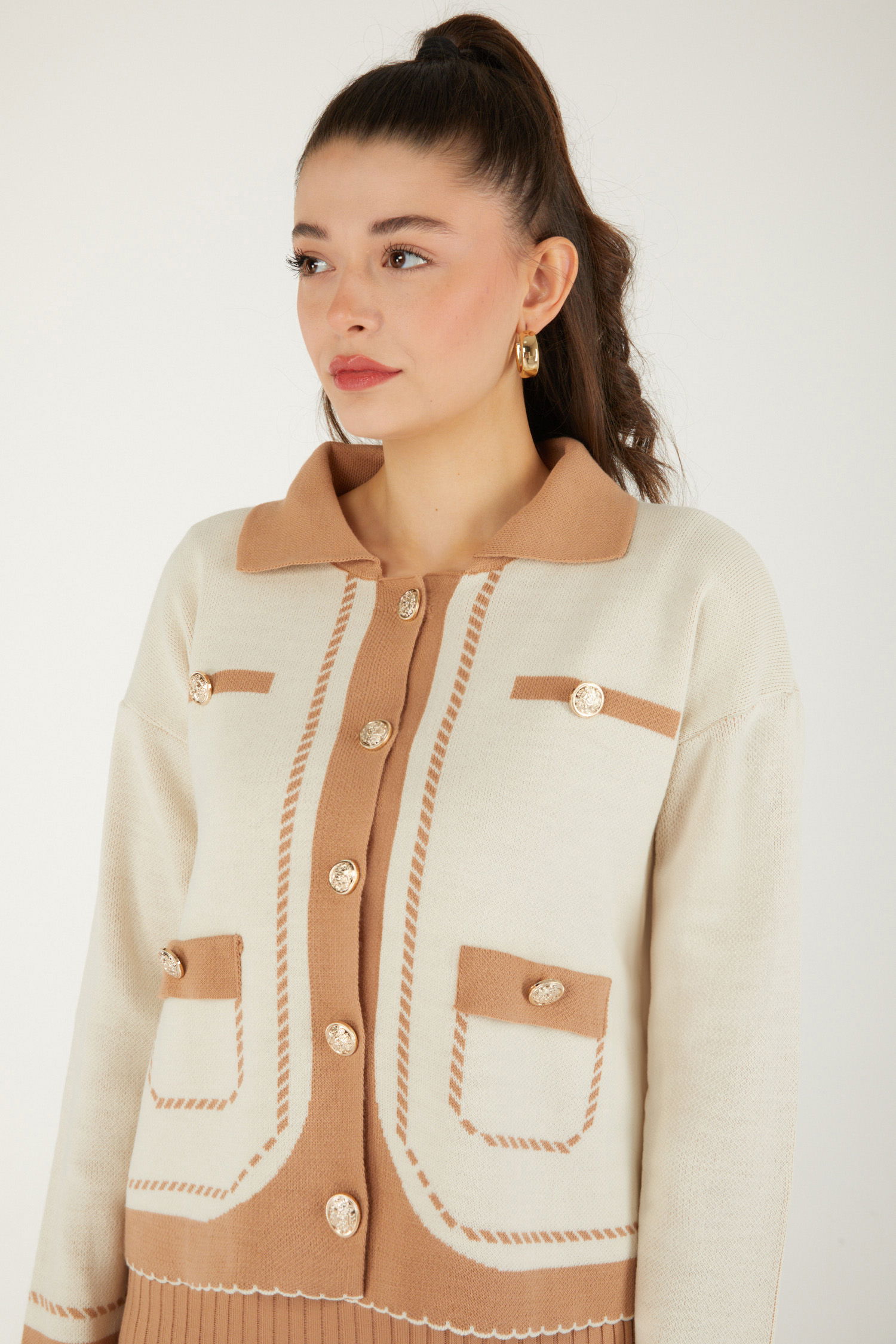 Düz Orta Kadın Vizon Elbise Bolero Triko Takım - 26470 - 6