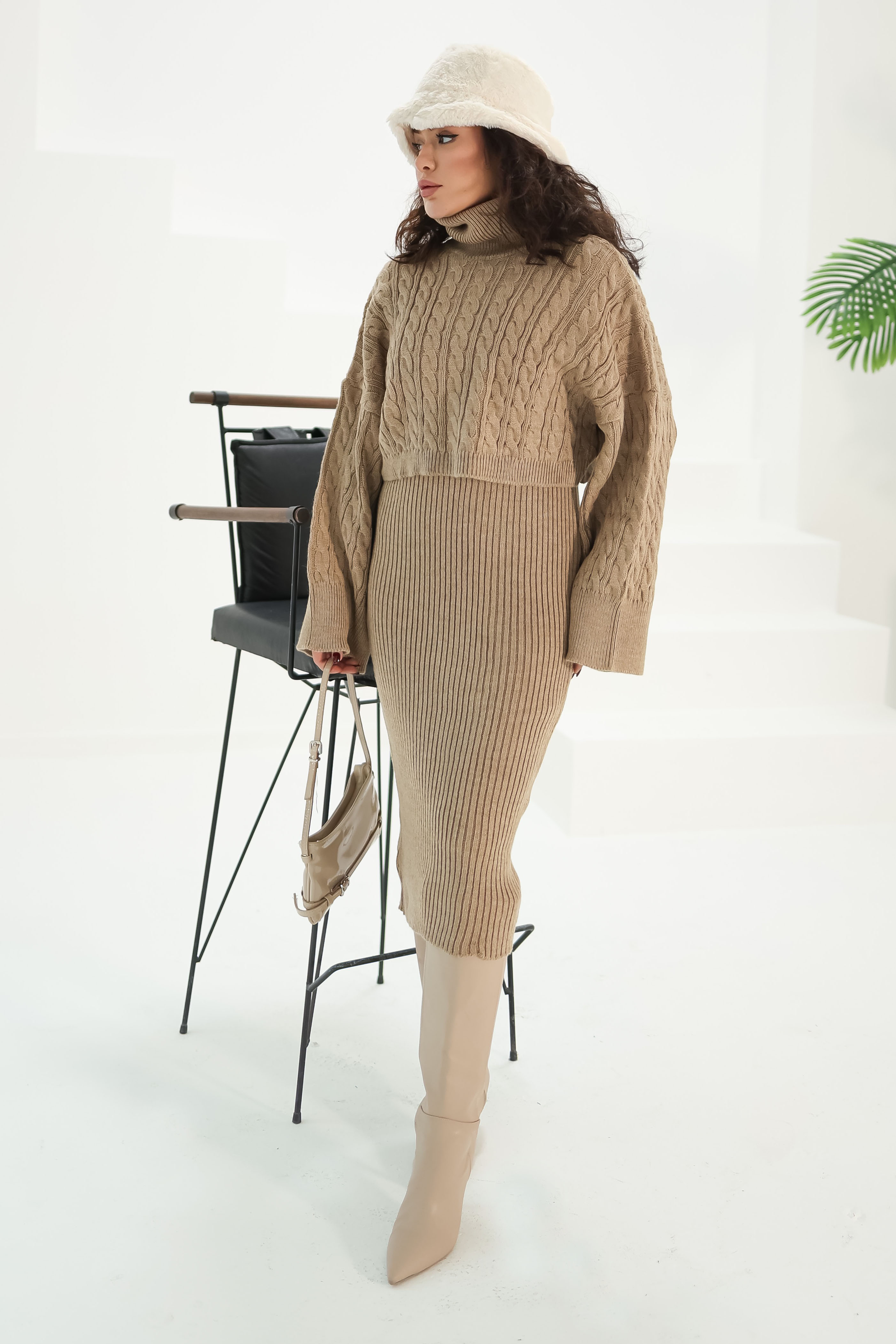 Düz Orta Kadın Vizon Elbise Kazak Triko Takım - 26588 - 2