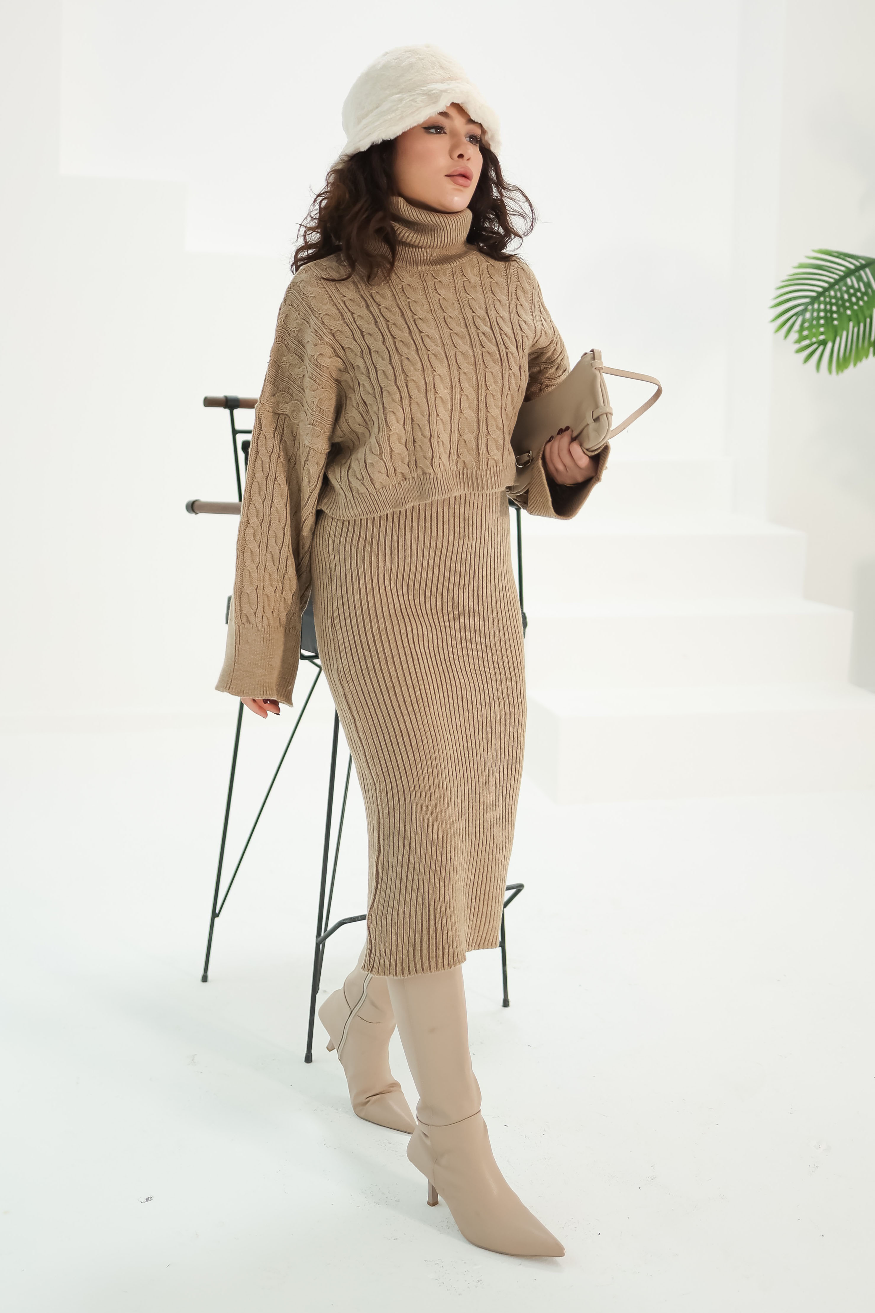 Düz Orta Kadın Vizon Elbise Kazak Triko Takım - 26588 - 3